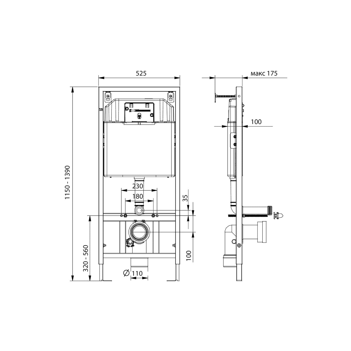 Dune 1200SL installation system for a wall-hung toilet