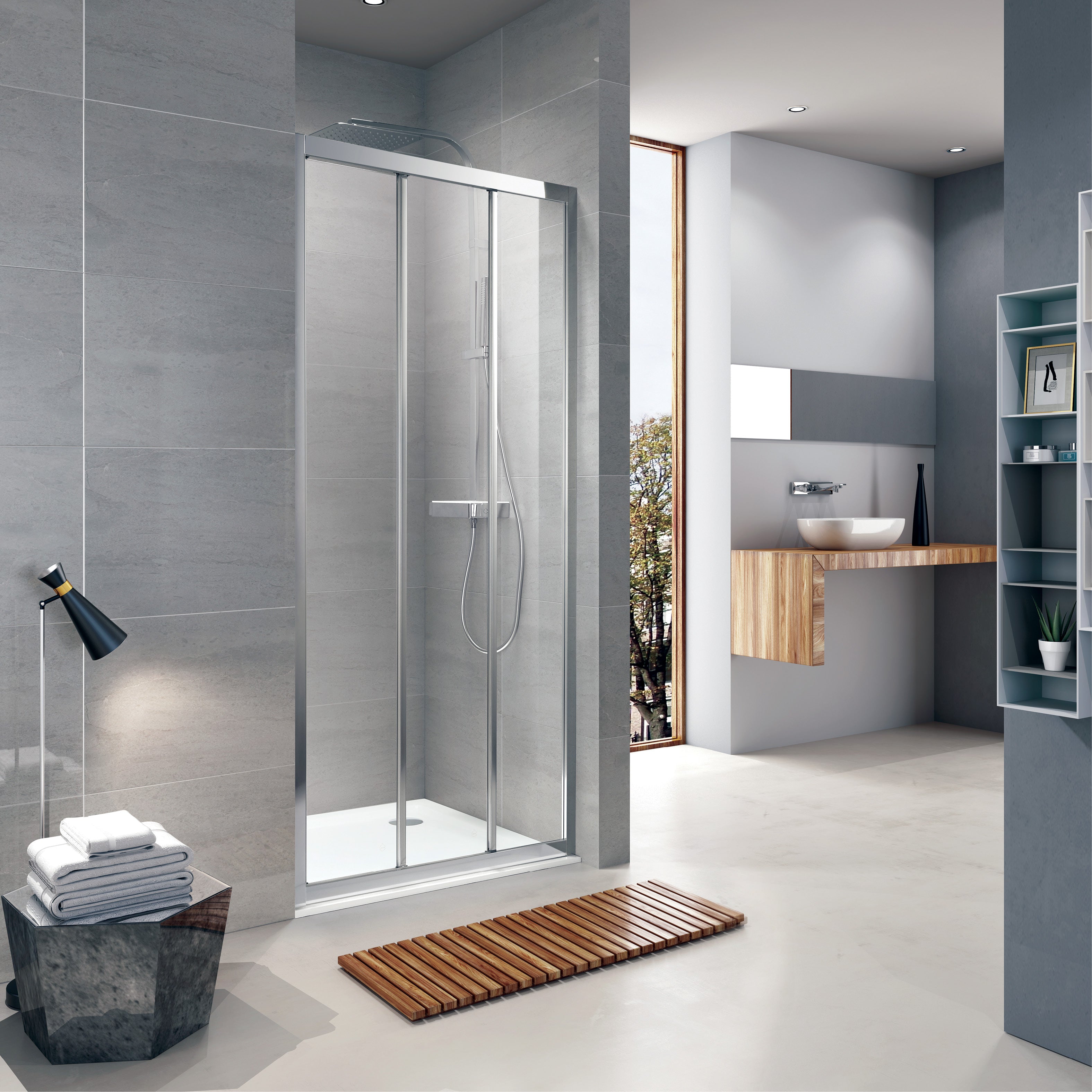 TT90C Puerta de ducha de tres secciones 900x1900 mm, cristal clear