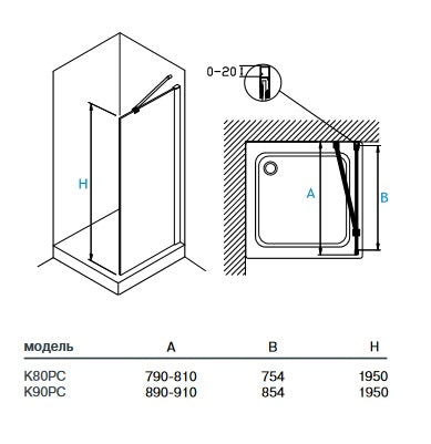 K90PC Panel fijo Kvadro 900x1950 mm cristal clear
