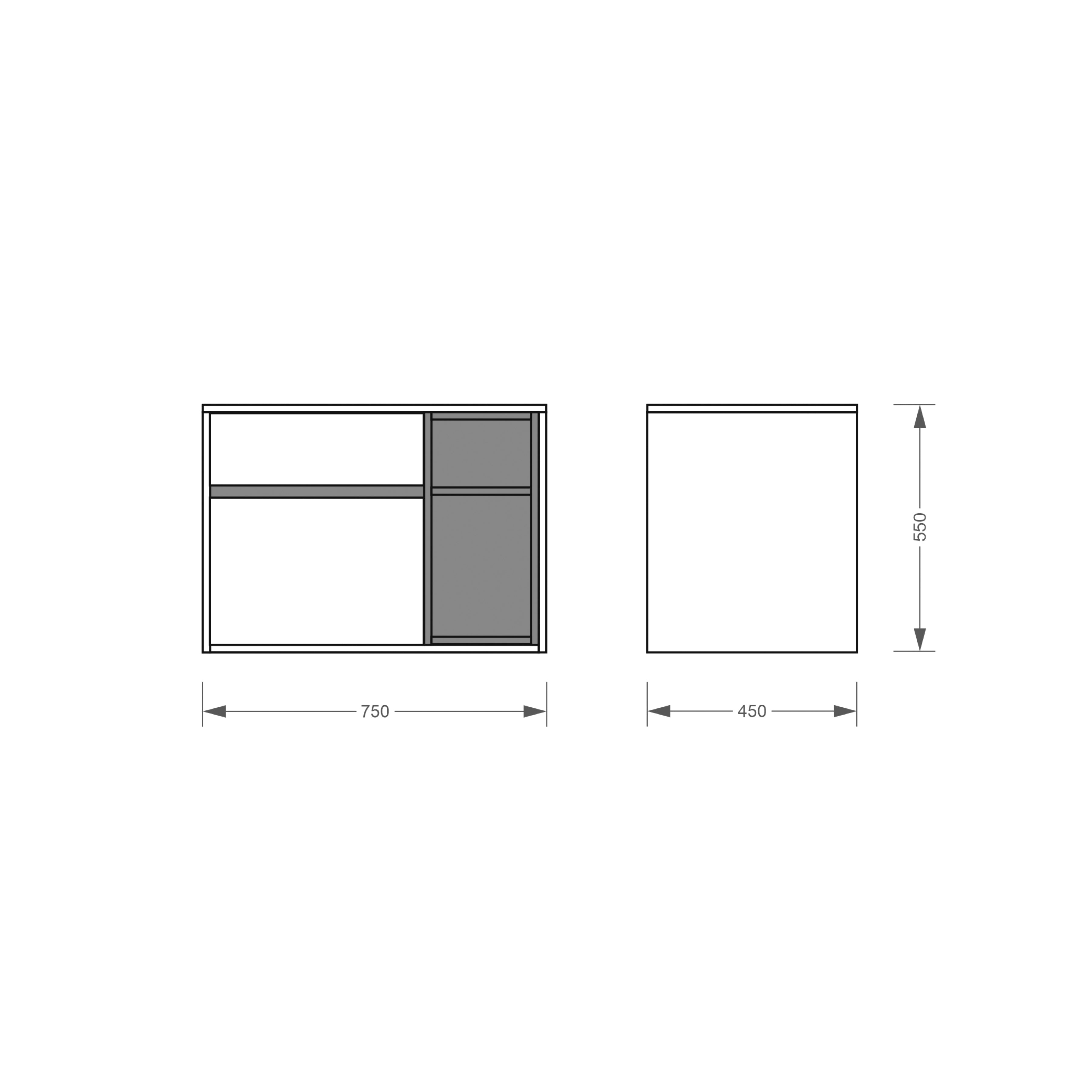 Kvadro New 75 cm mueble consola combinado con dos cajones y lavabo Kvadro 50 cm