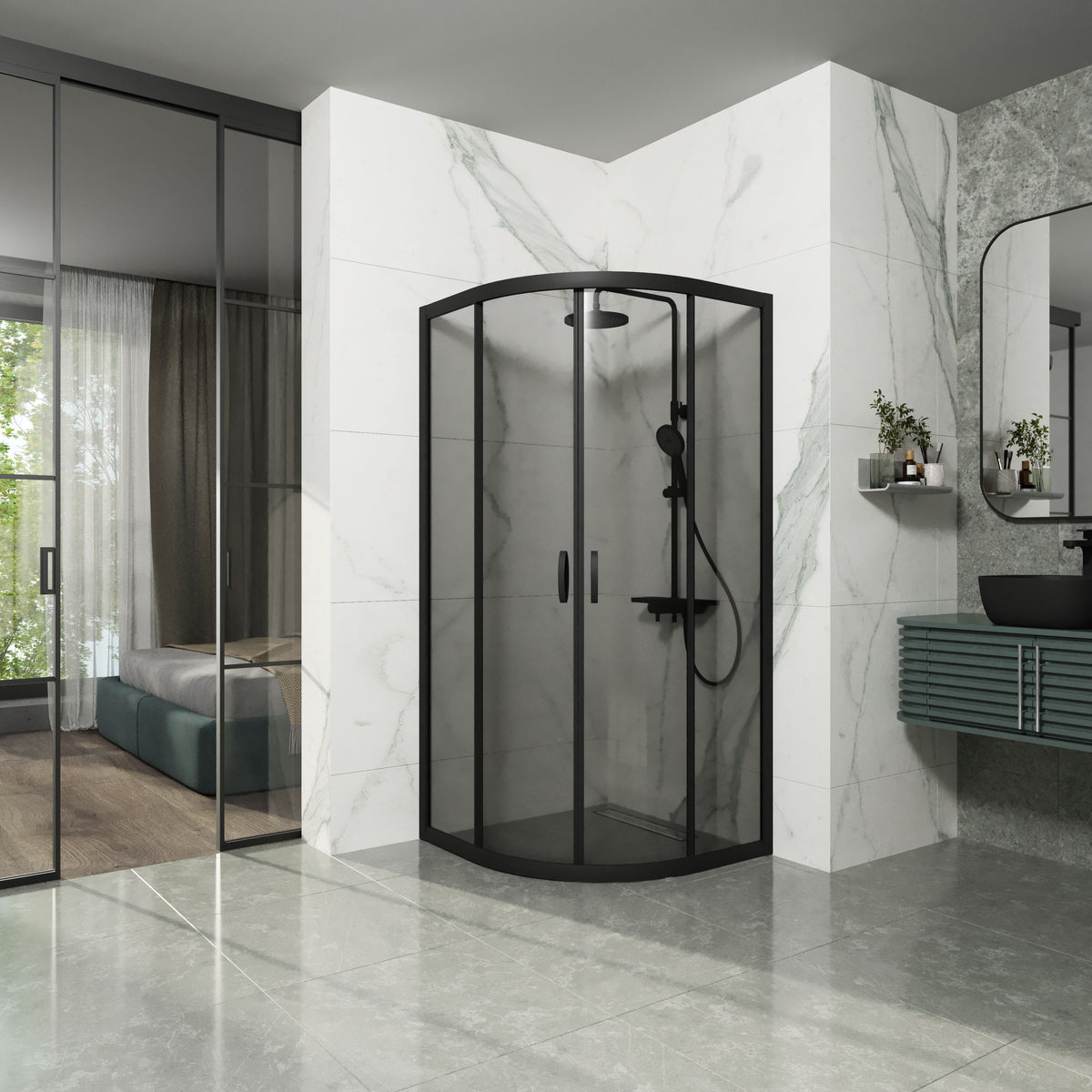 RNP90BGR Cabina de ducha semicircular Round Pro Negro mate 900x900x1950, cristal 6mm GREY (puertas correderas)