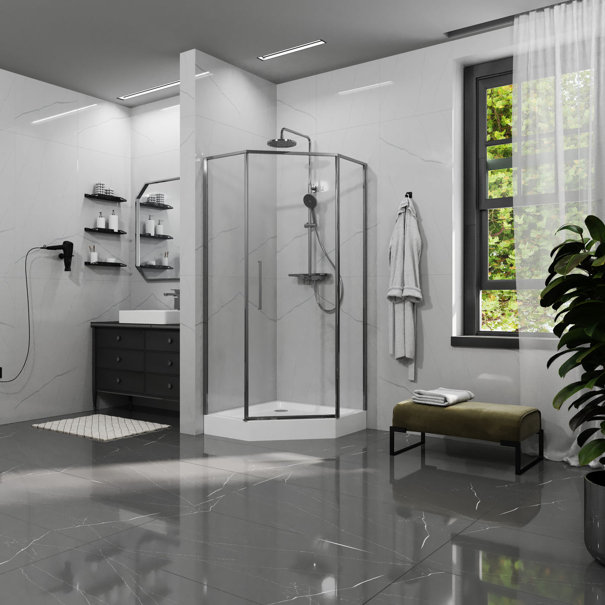 KS90PAC Kvadro Star pentagonal shower enclosure chrome 900x900x1950, 6mm clear glass (pivot doors)