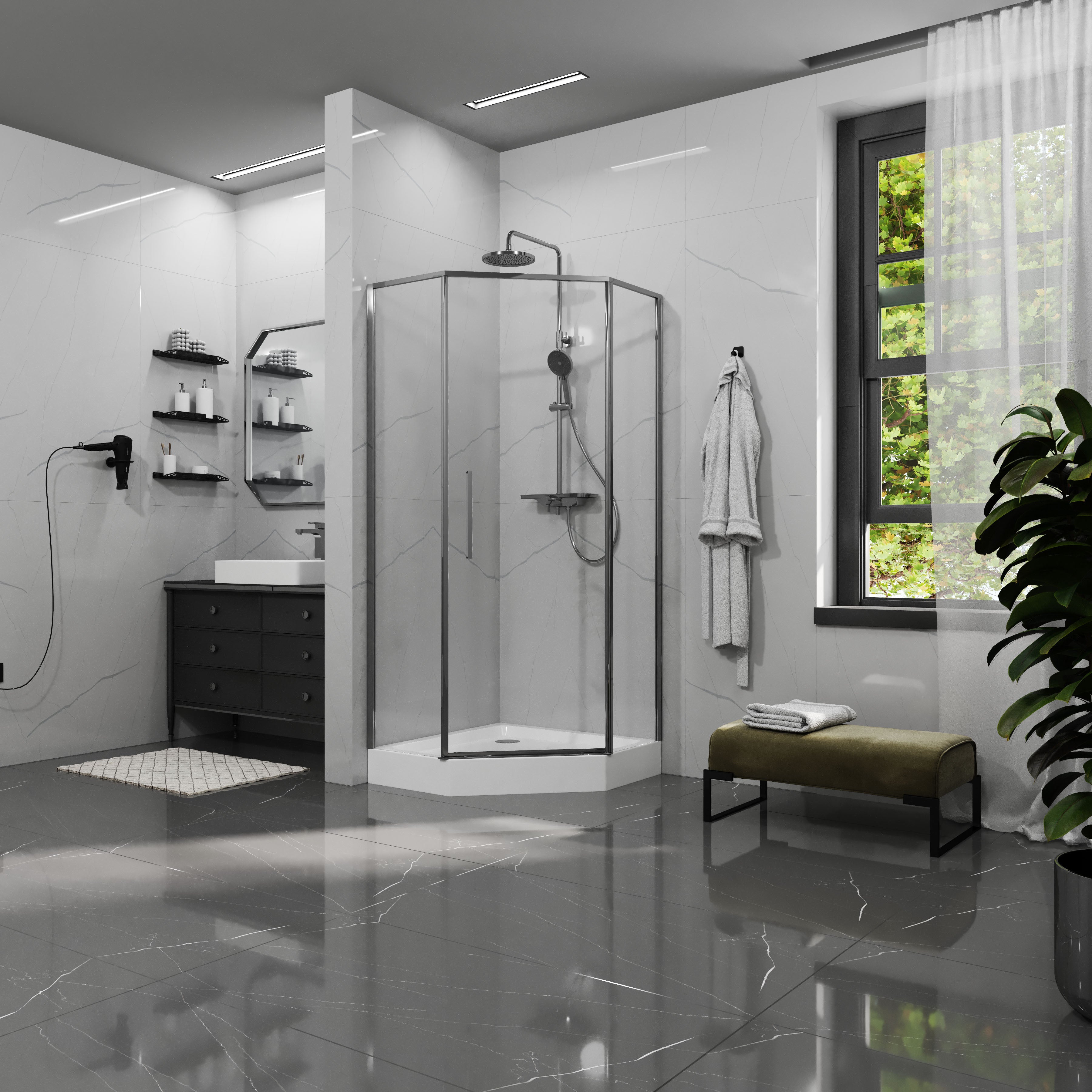 KS90PAC Kvadro Star pentagonal shower enclosure chrome 900x900x1950, 6mm clear glass (pivot doors)