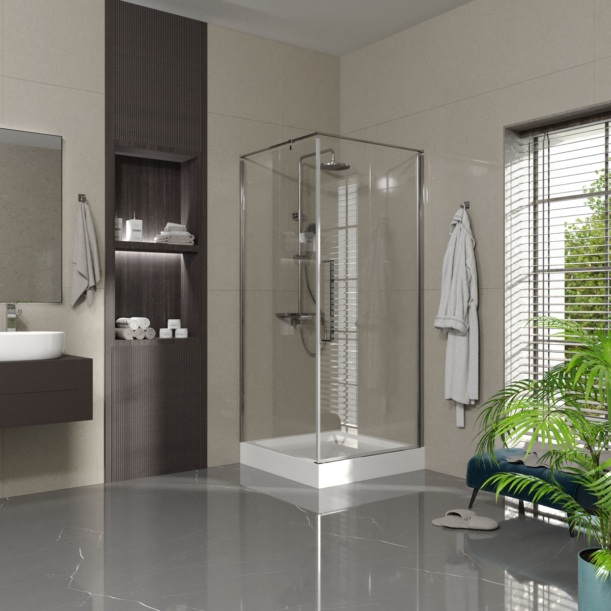 AQP90CC Aqua Pro square shower enclosure chrome 900x900x1950, 6mm clear glass (pivot doors)