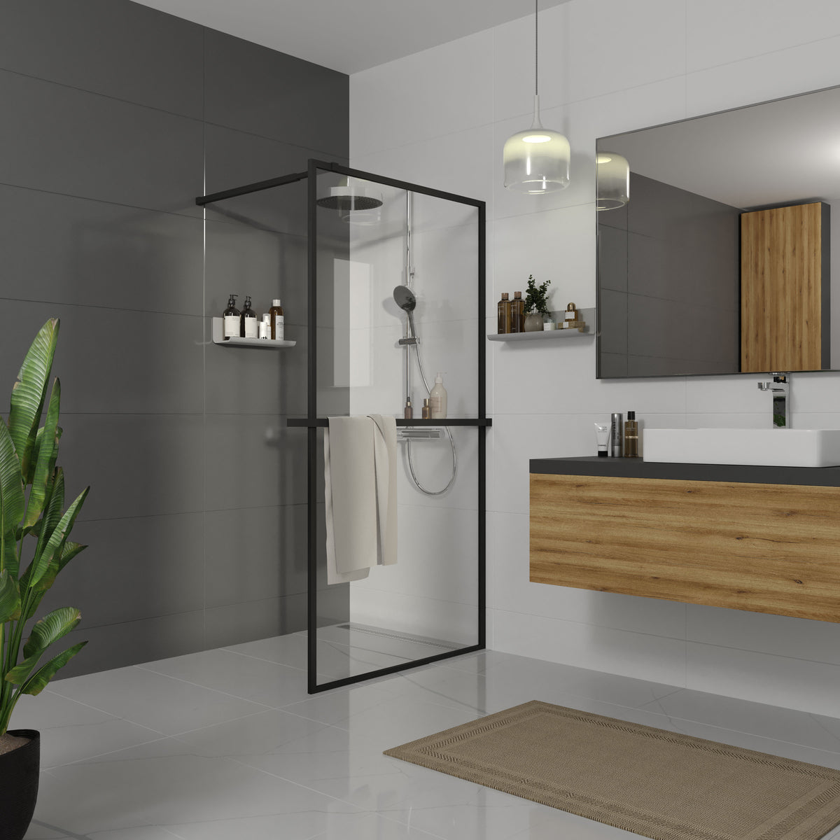 AQWB70120С Aqua Walk-IN shower wall profile matt black 1000x1950x(700-1200) 8mm clear glass with towel holder