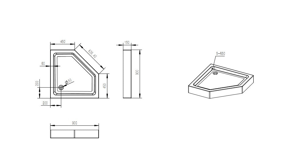 Style acrylic shower tray 90x90x15 pentagonal