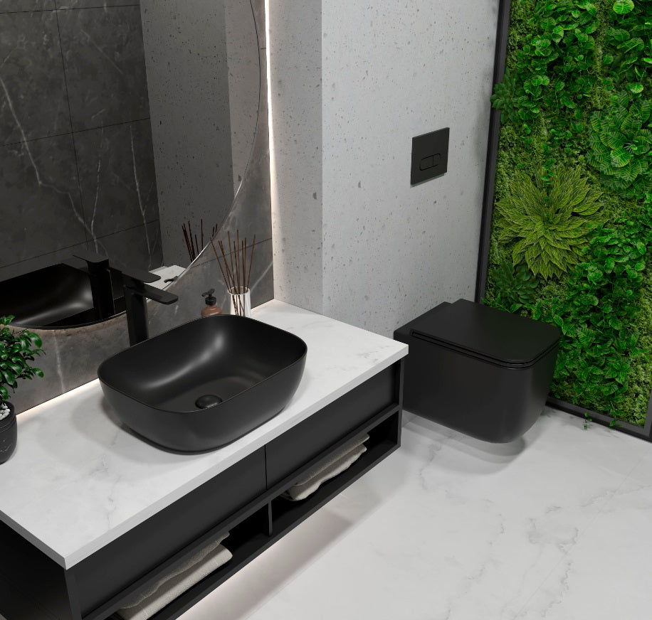 Kvadro Start WC podwieszany z deską Soft-close, czarny matowy, spłuczka Tornado