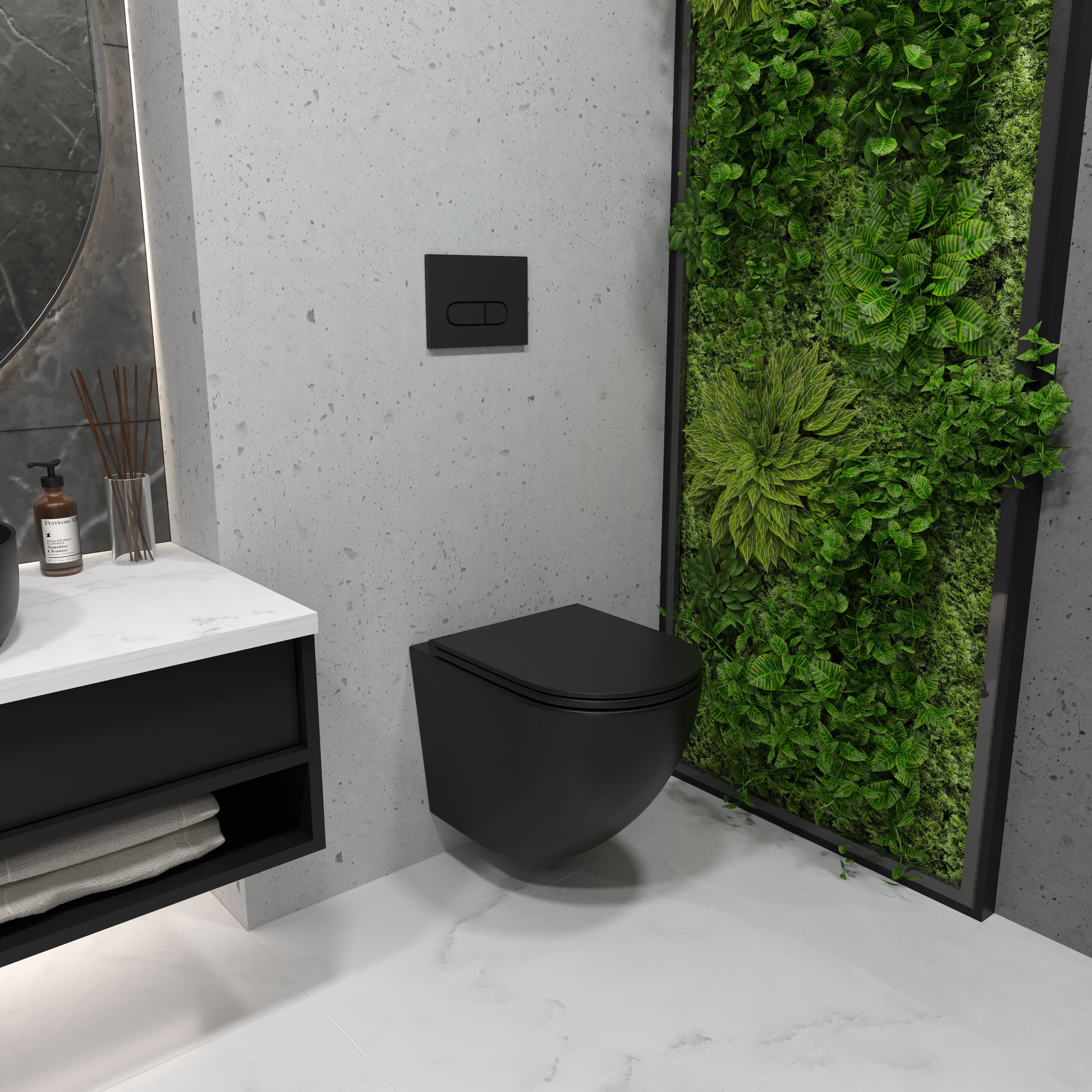 Round inodoro suspendido con asiento Soft-close (descarga Tornado), negro mate