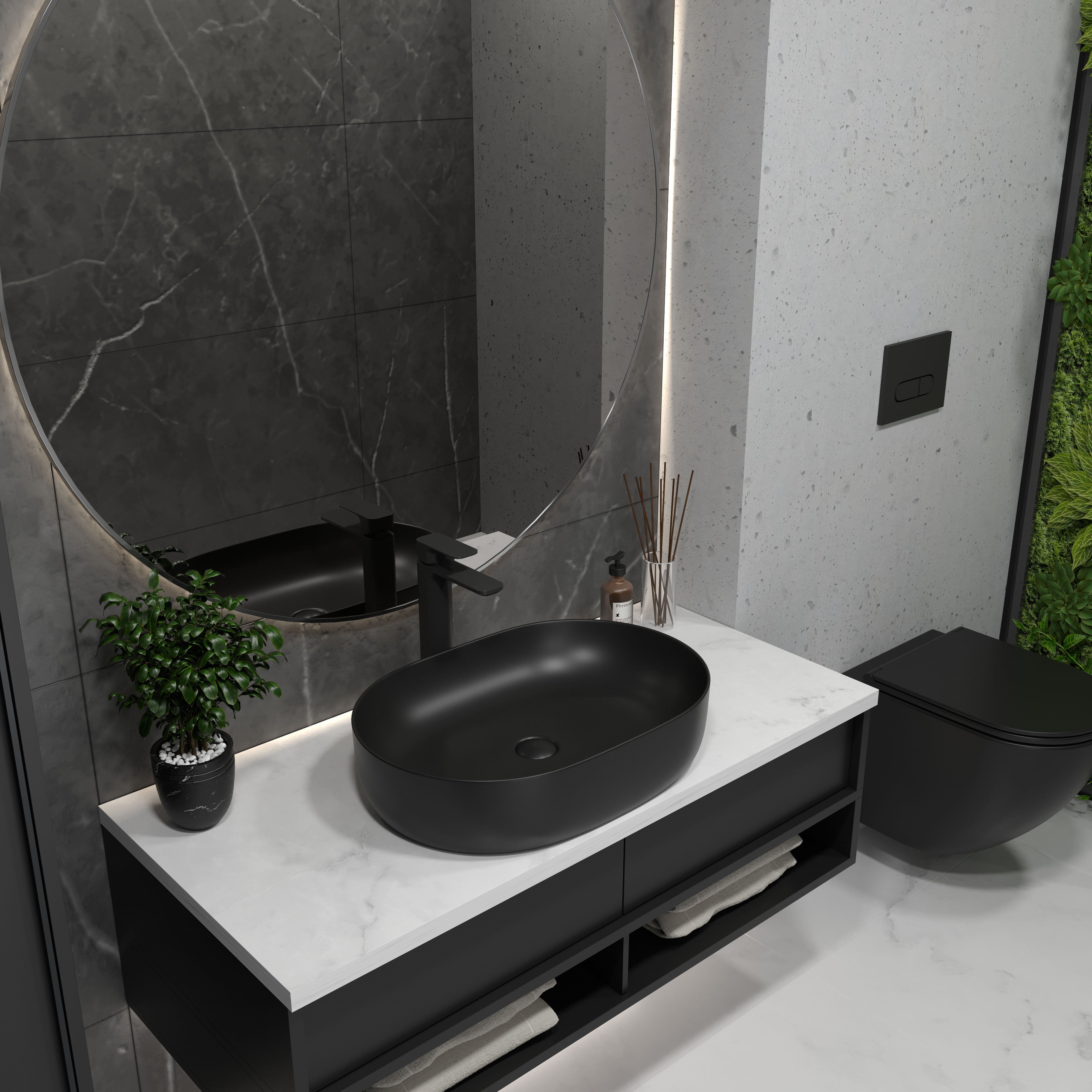 Round countertop washbasin 600x415mm, matt black