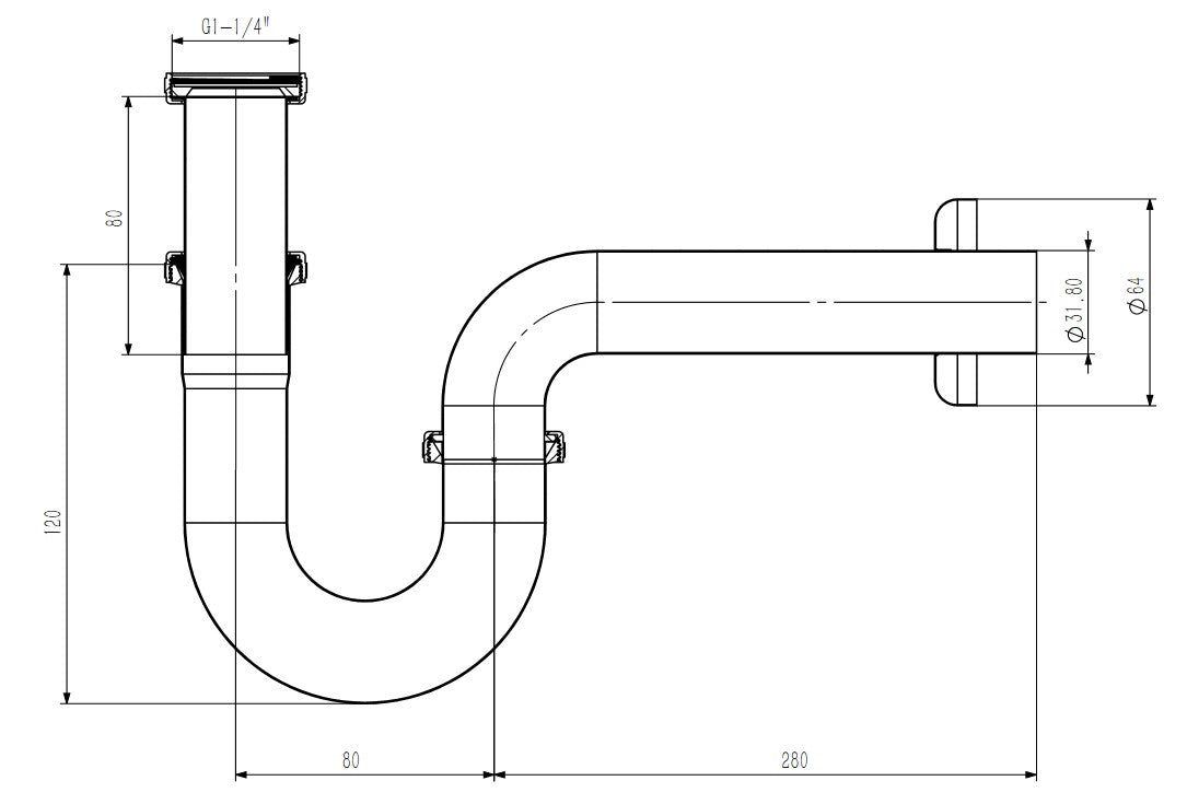 Sifón tubular para lavabo, latón, Ø32 mm, cromo