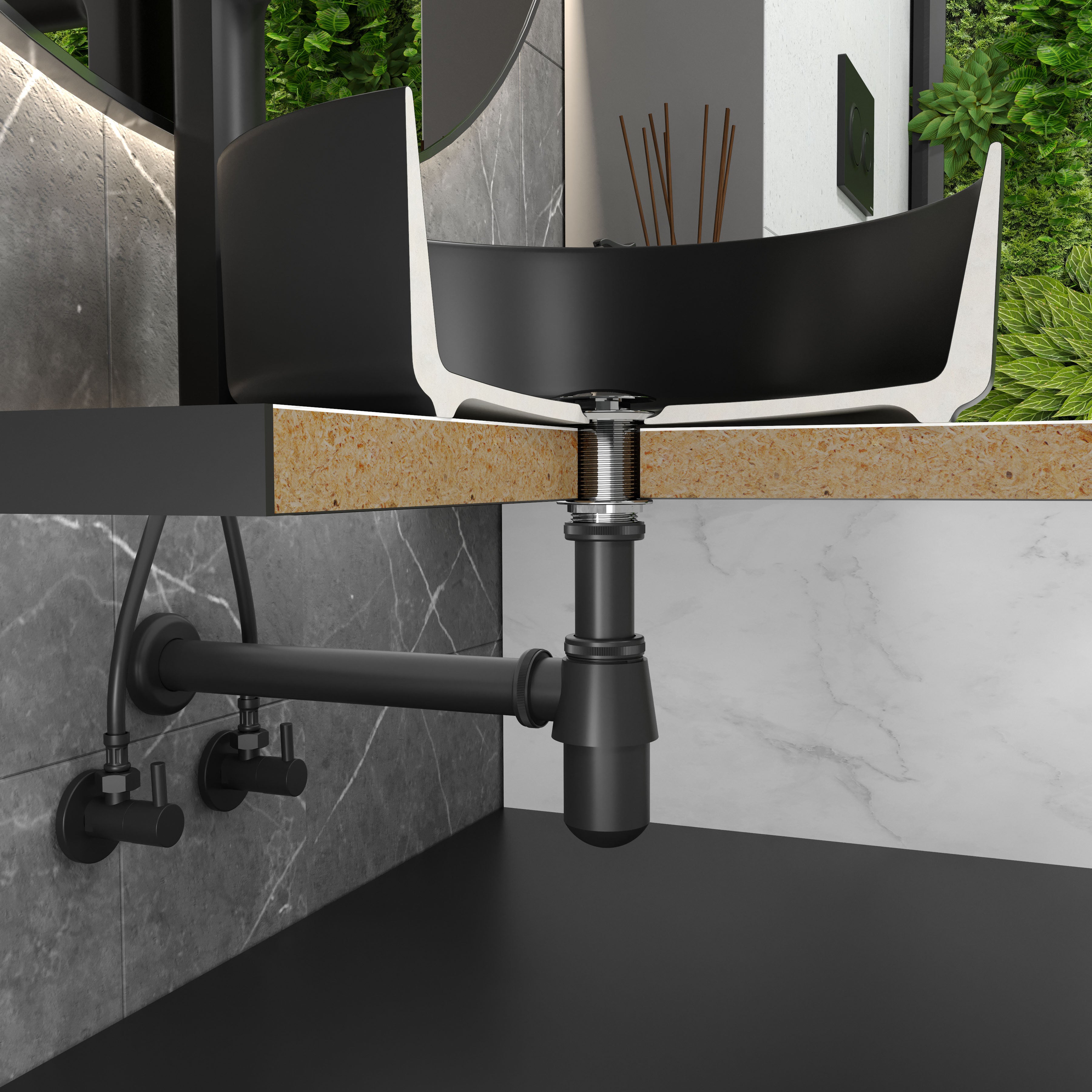 Sifón botella para lavabo, latón, Ø32 mm, negro