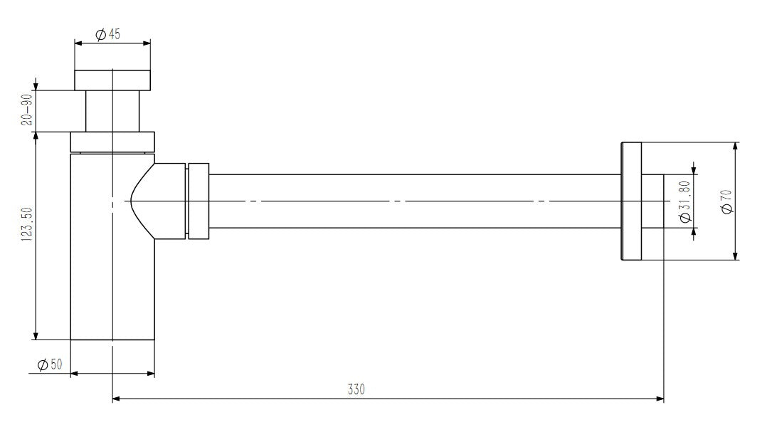 Sifón para lavabo, latón, Ø32 mm, cromo