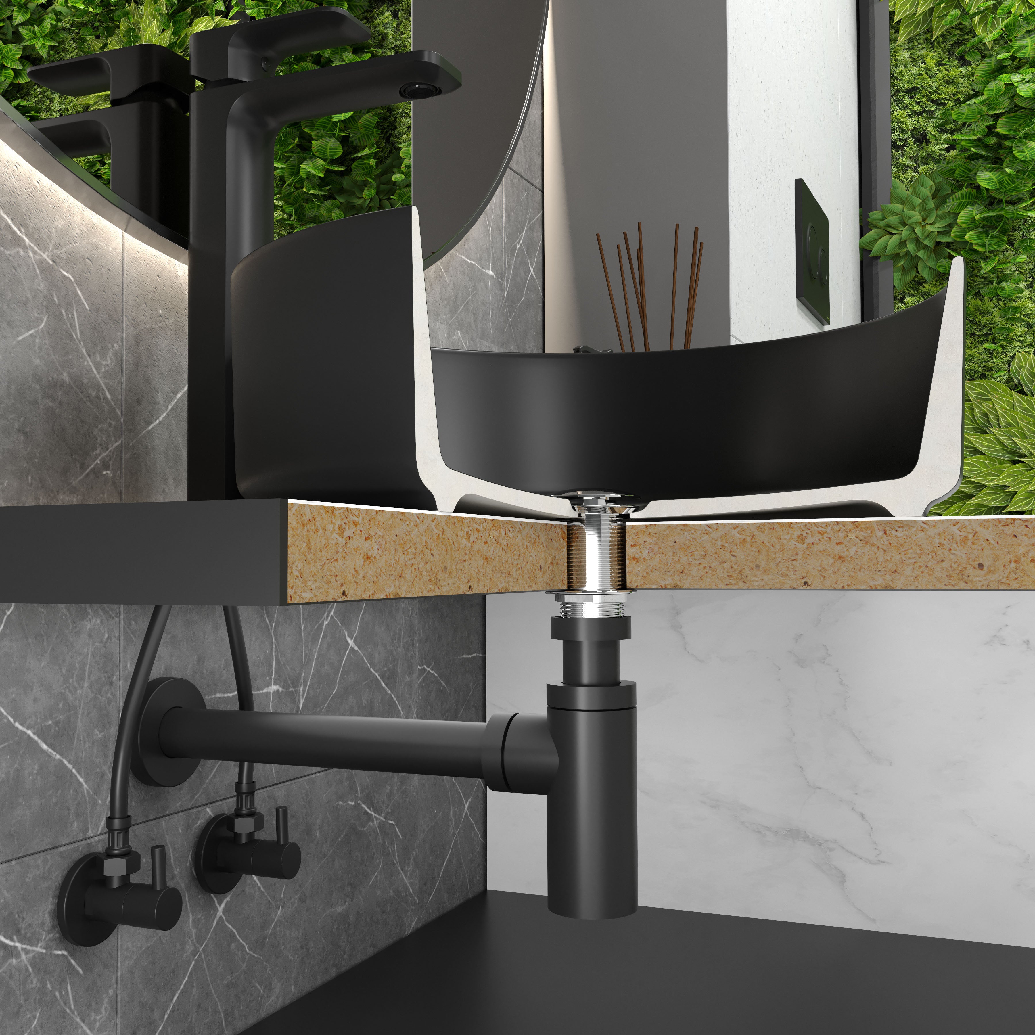 Sifón para lavabo, latón, Ø32 mm, negro