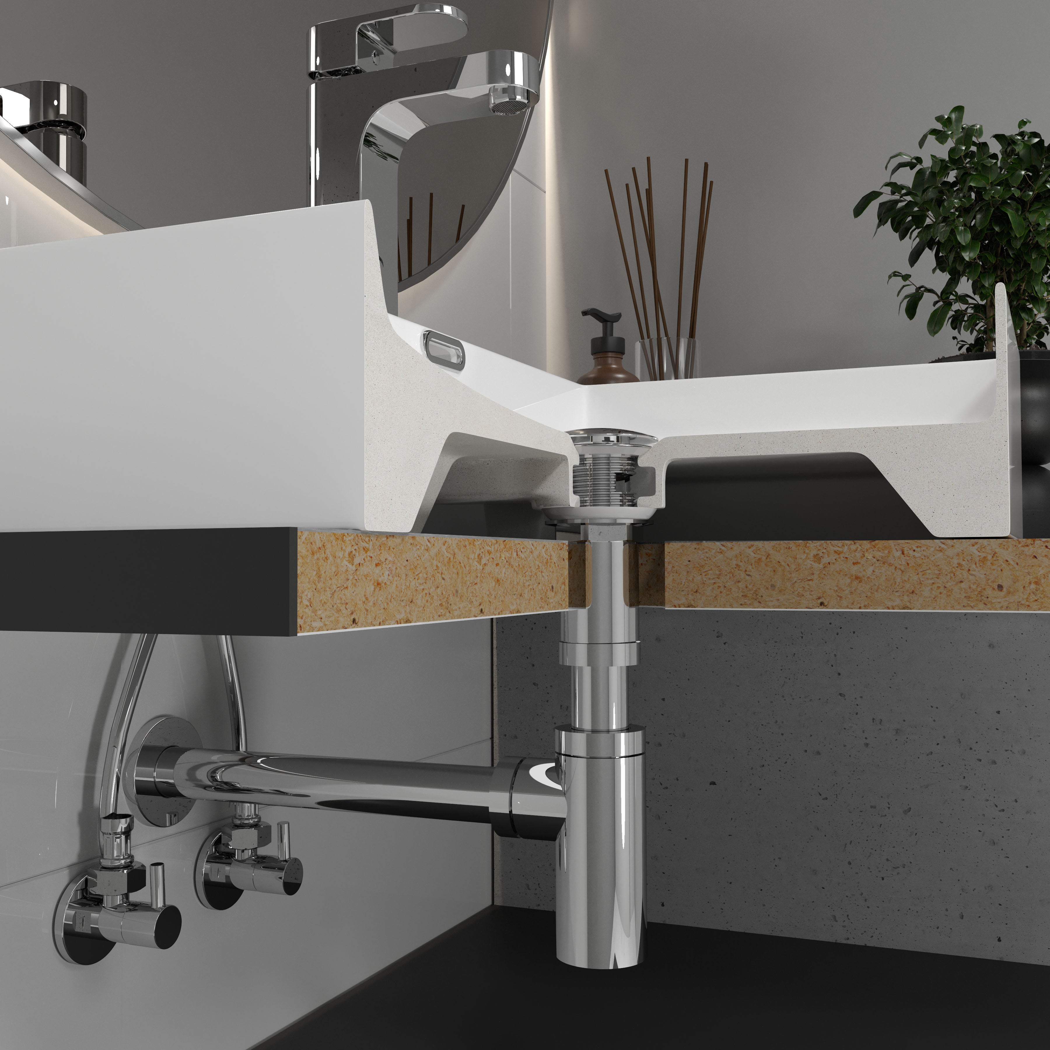 Sifón para lavabo, latón, Ø32 mm, cromo