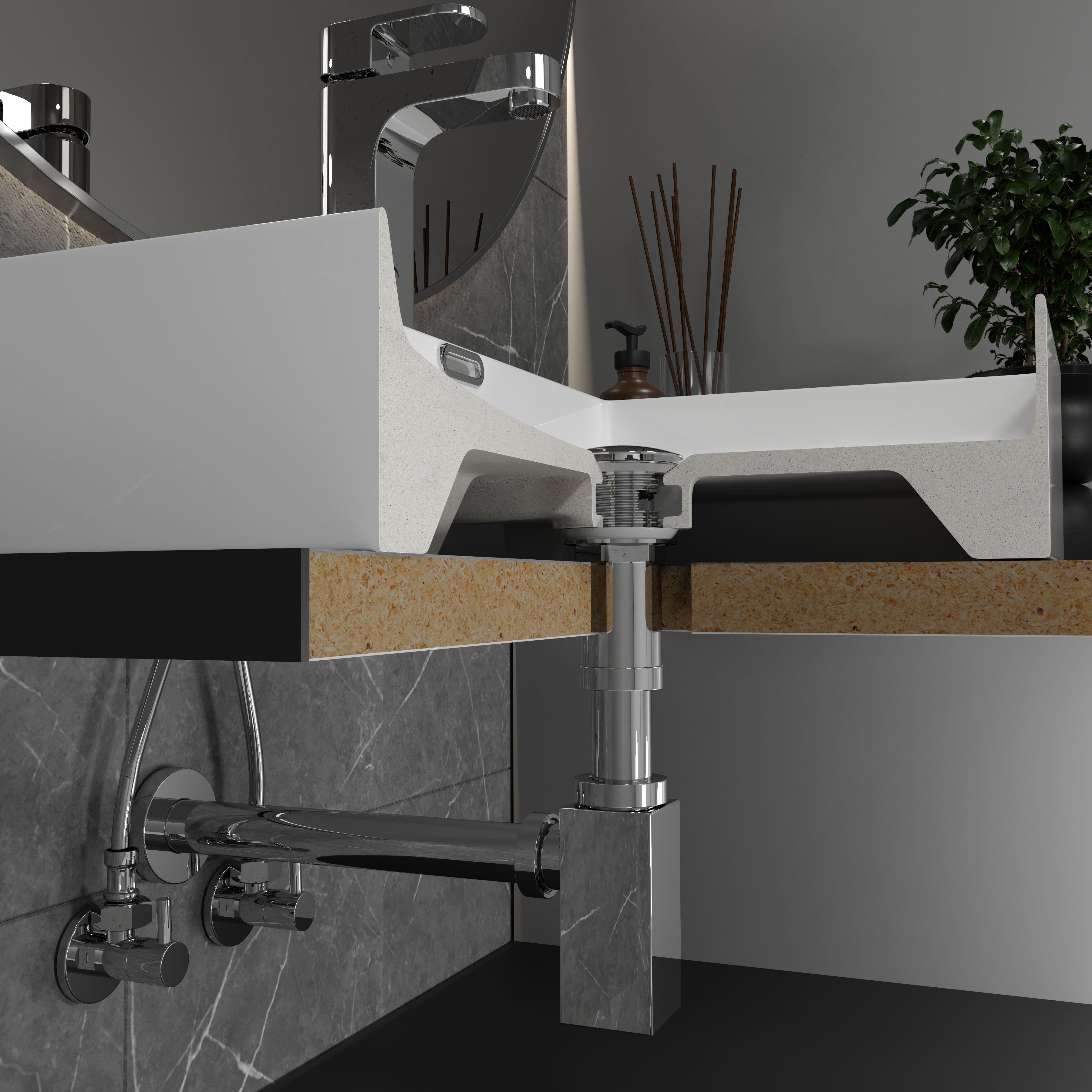 Sifón cuadrado para lavabo, latón, Ø32 mm, cromo