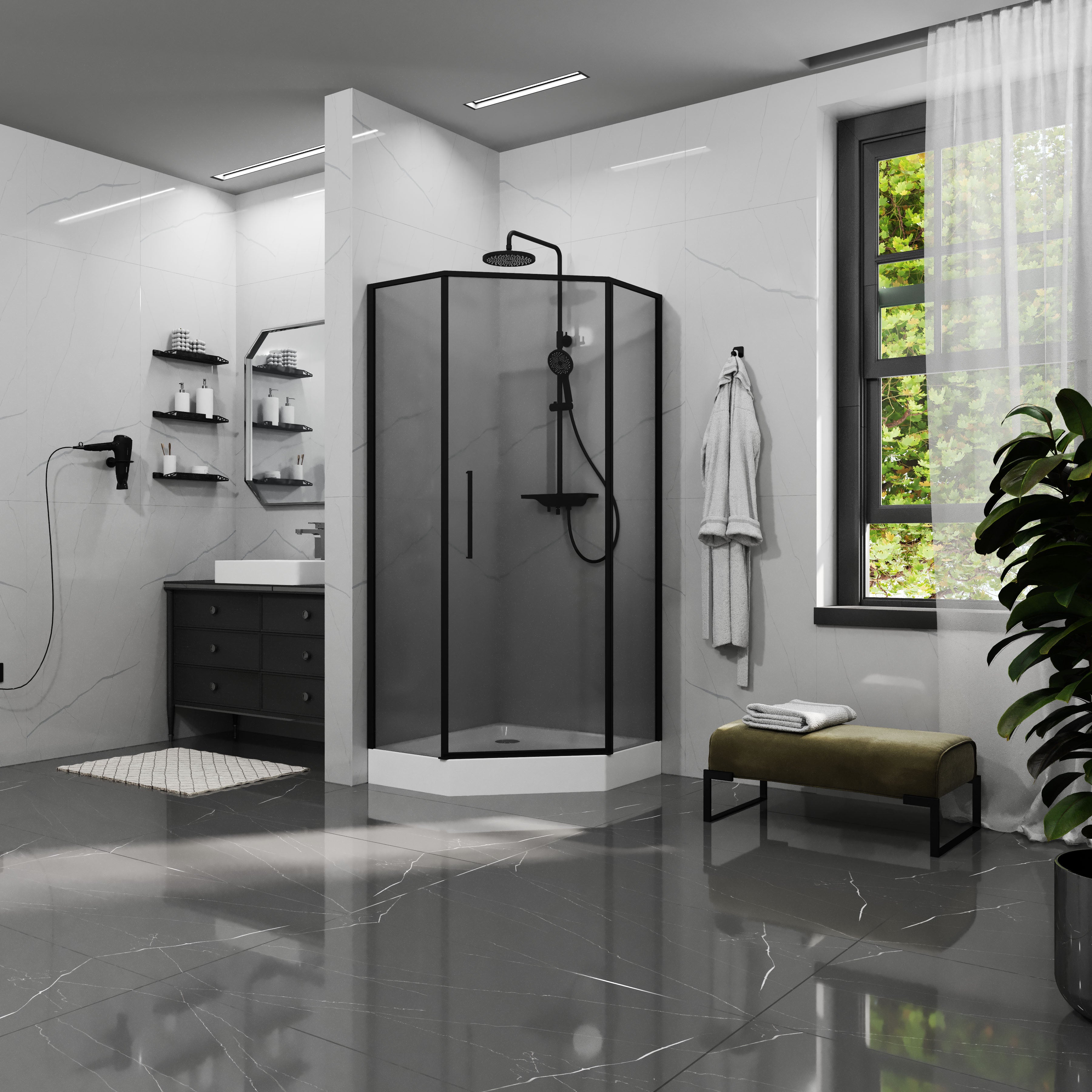 KS90PВGR Душова кабіна KVADRO STAR пентагональна Black matt 900x900x1950 скло 6мм GREY (двері відкривні)