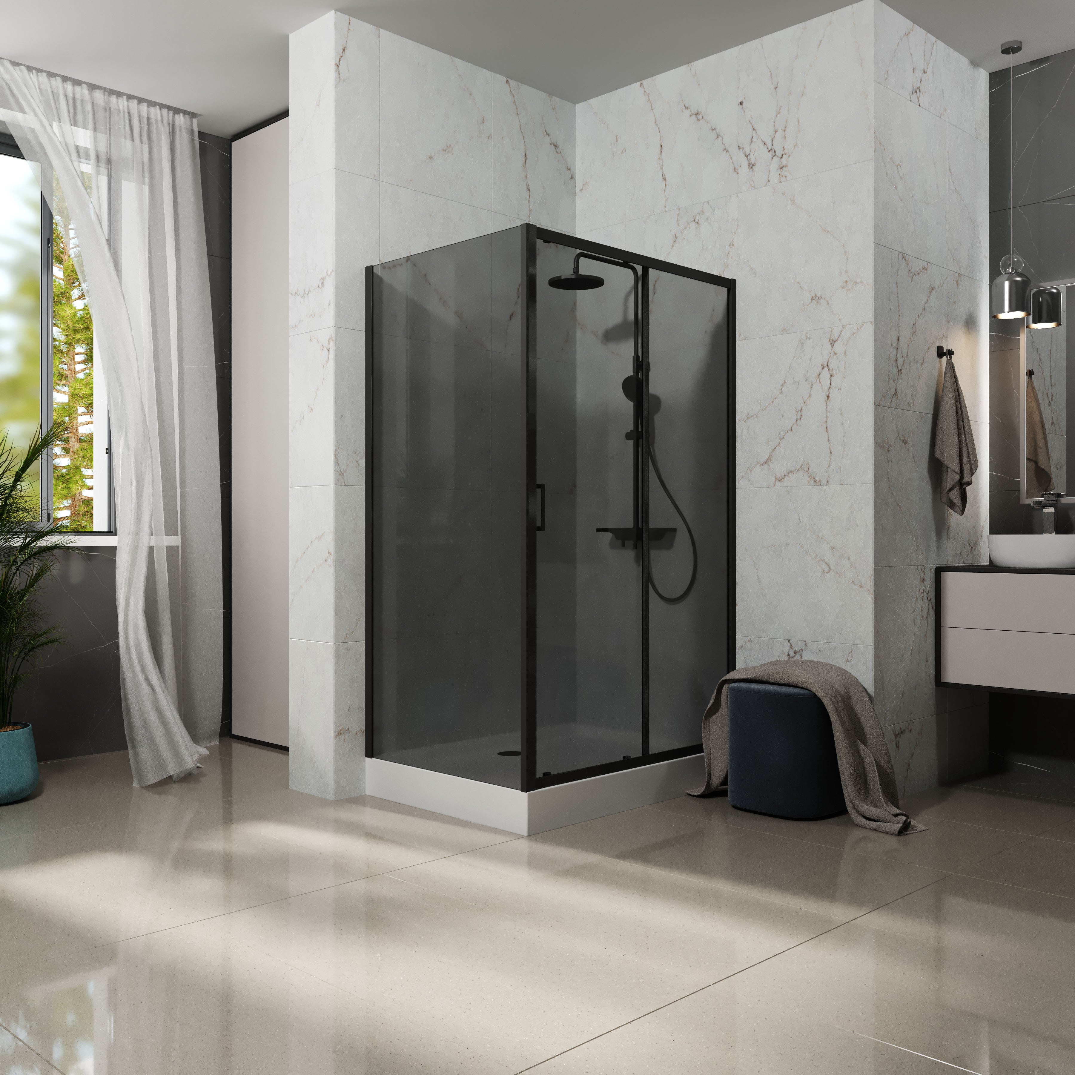 TP120BGR Duschkabine Trend Pro rechteckig, Mattschwarz, 1200×900×1950 mm, Glas 5 mm Grey (Schiebetüren)