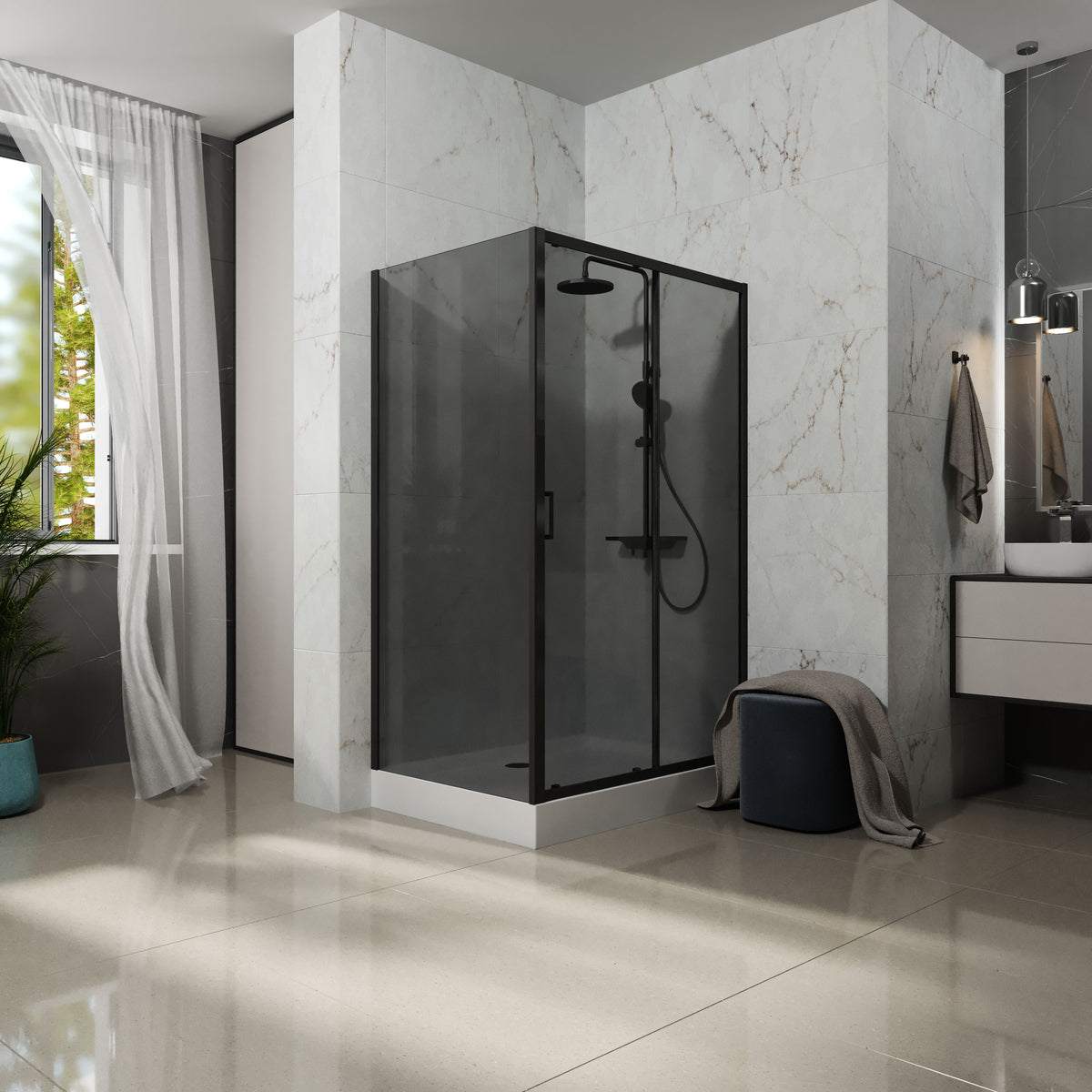 TP120BGR Kabina prysznicowa Trend Pro prostokątna, czarny mat 1200x900x1950 szkło 5mm grey (drzwi przesuwne)