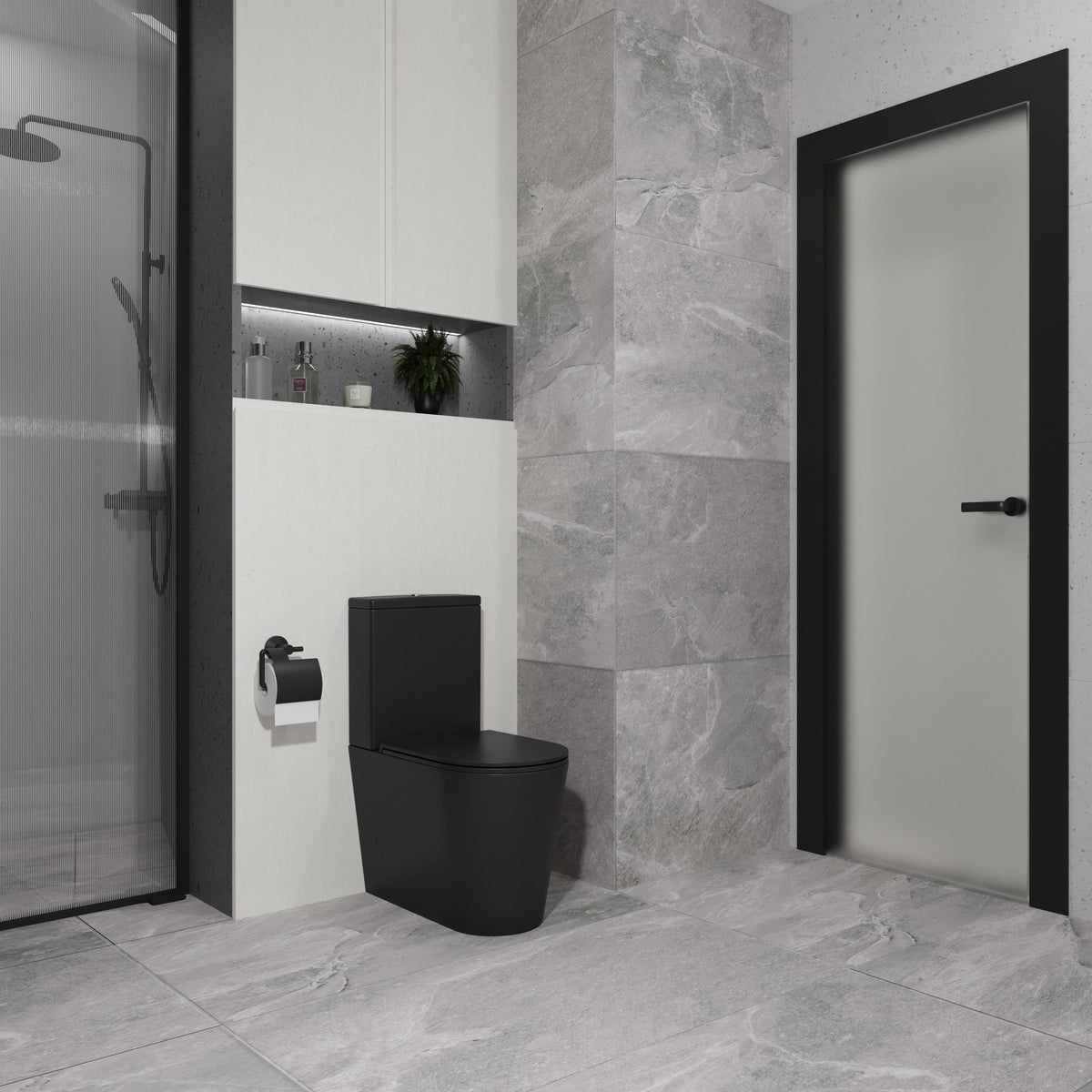 Grace Compacto: inodoro de pie con asiento Soft-close + cisterna, negro mate