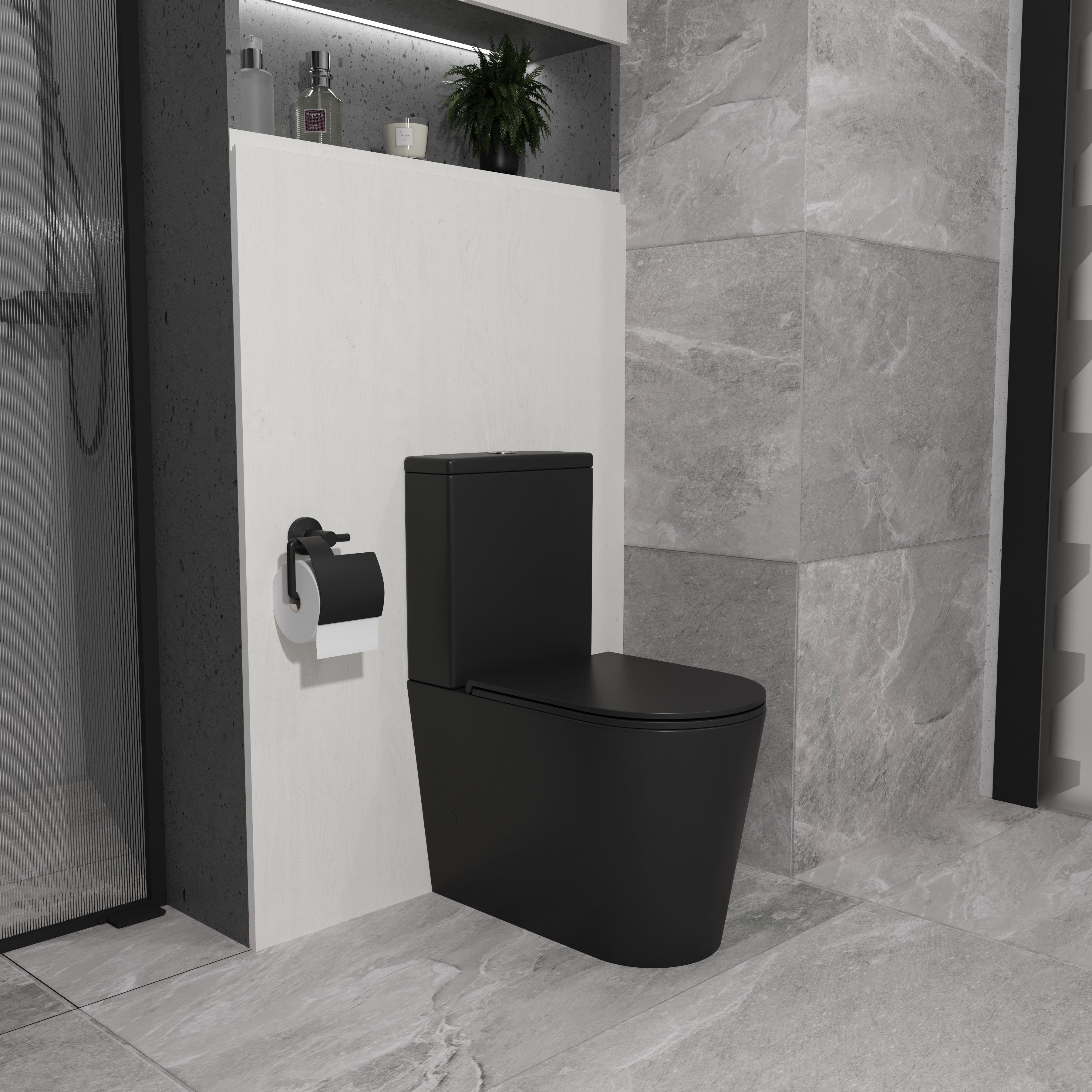 Grace Compacto: inodoro de pie con asiento Soft-close + cisterna, negro mate