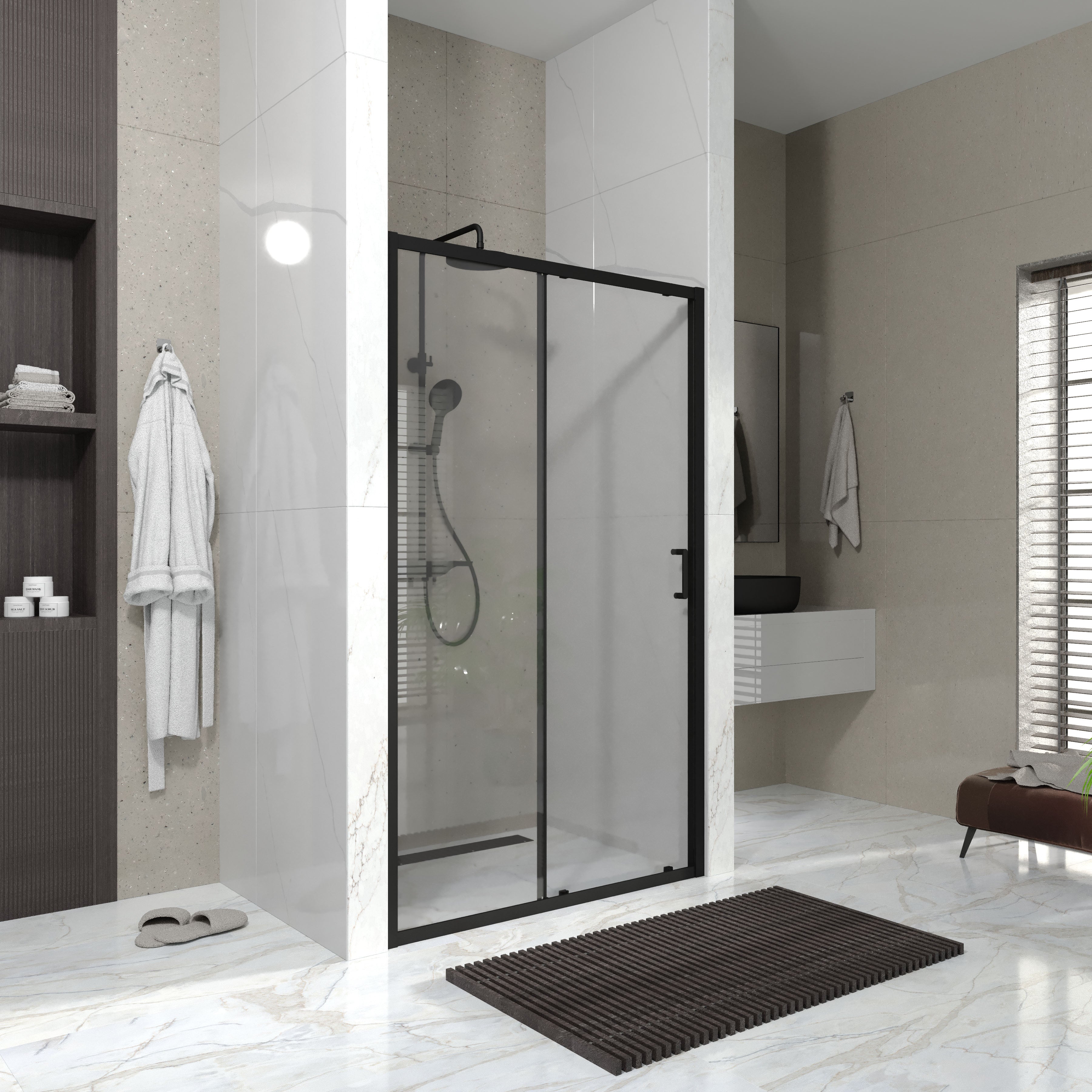 Sprchové dveře posuvné, dvoudílné Line Pro 1000mm, matně černé, sklo 6mm clear