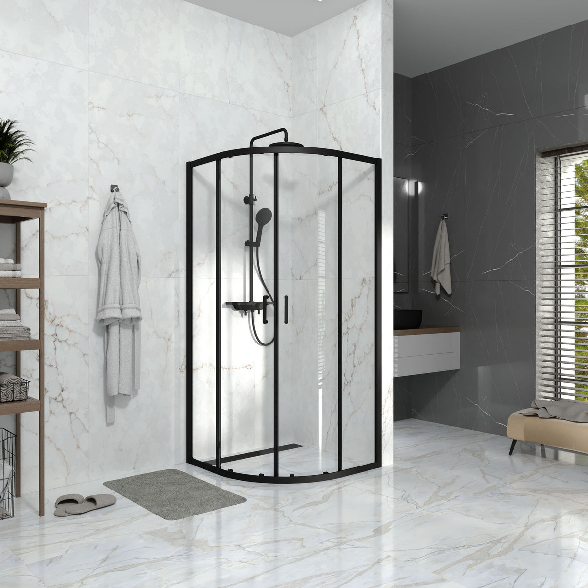 Line ARC Kabina prysznicowa przesuwna, półokrągła 900x900 mm, czarny mat, szkło 6 mm clear