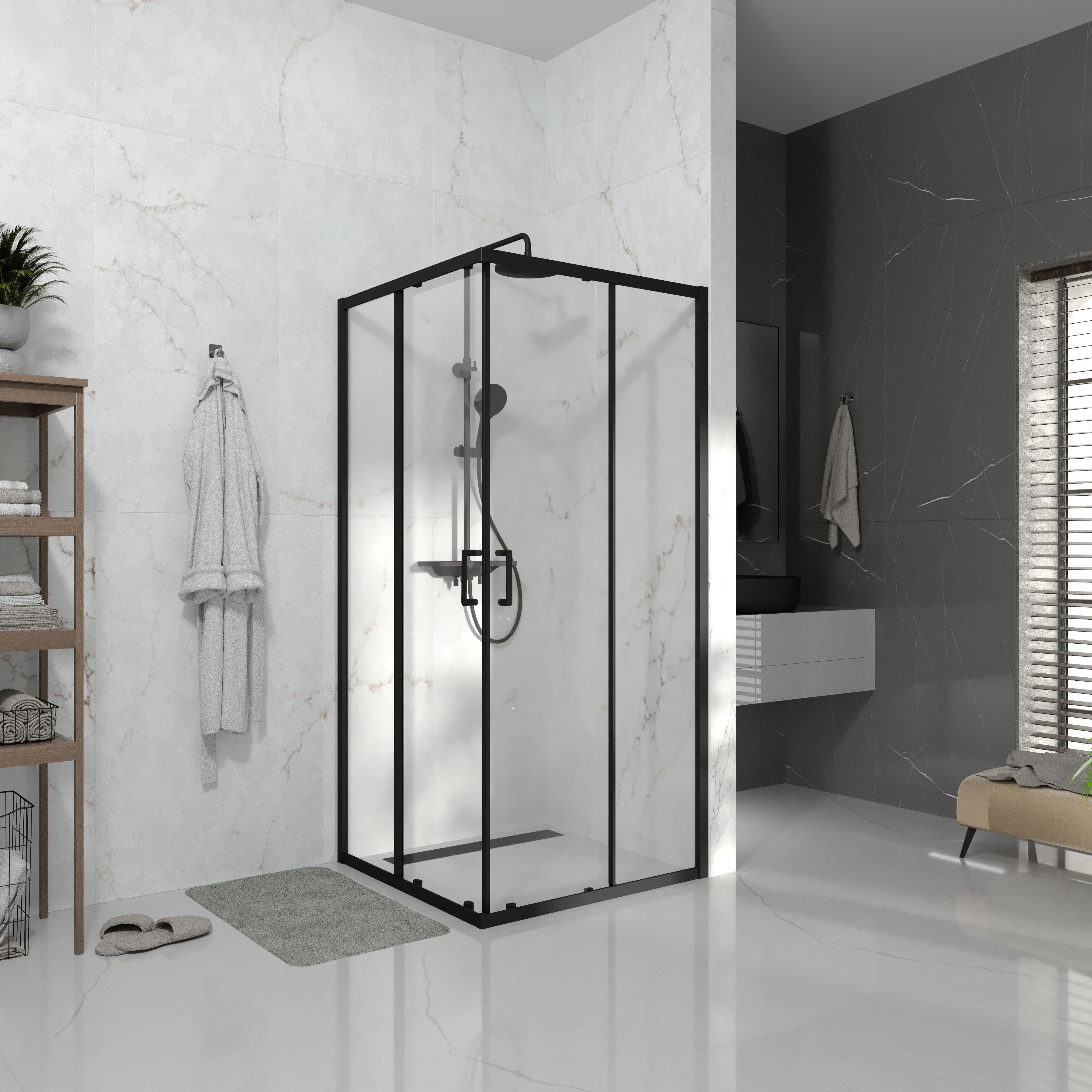 Line Cube Cabina de ducha cuadrada corredera 900×900 mm, negro mate, cristal clear de 6 mm