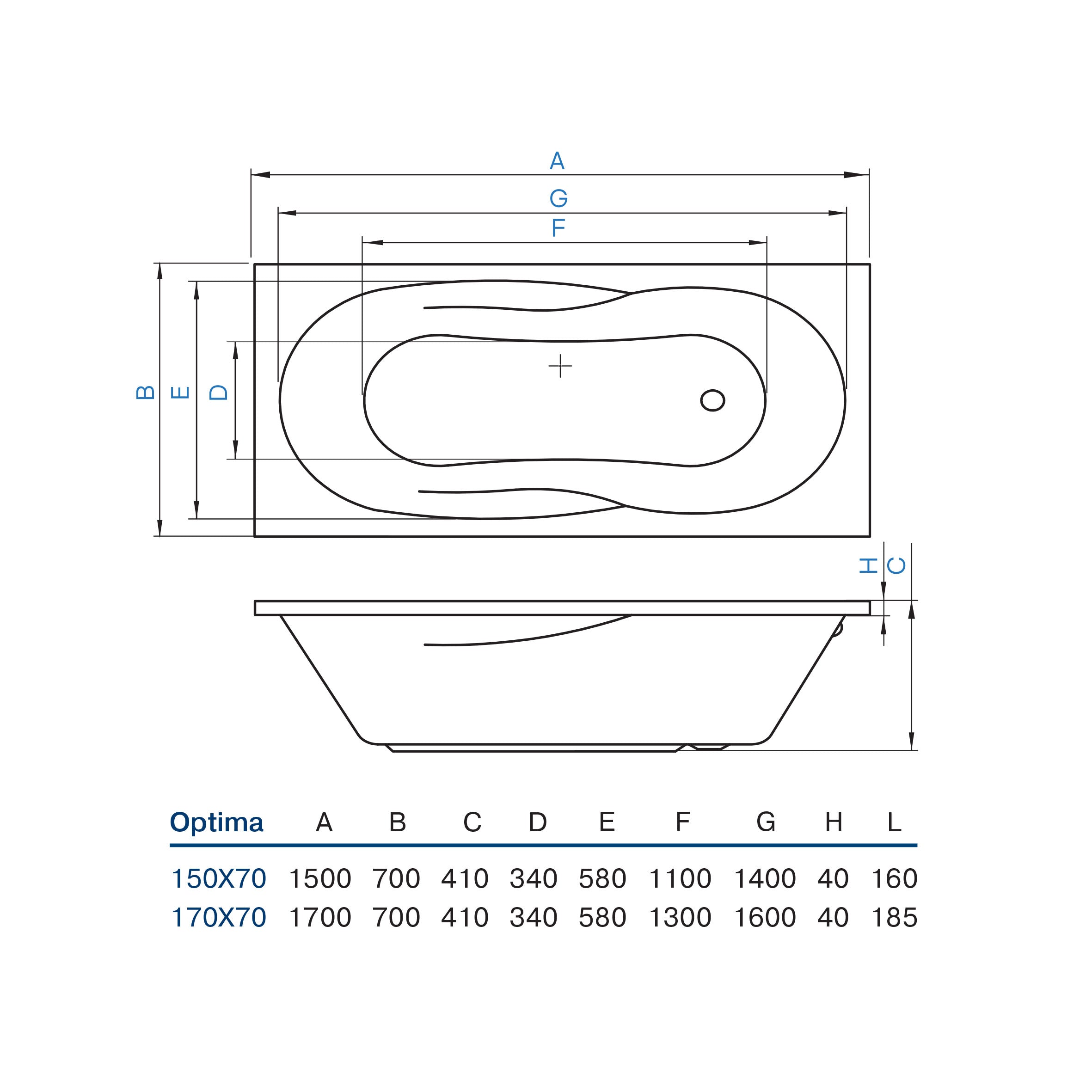 Badewanne Optima 150x70