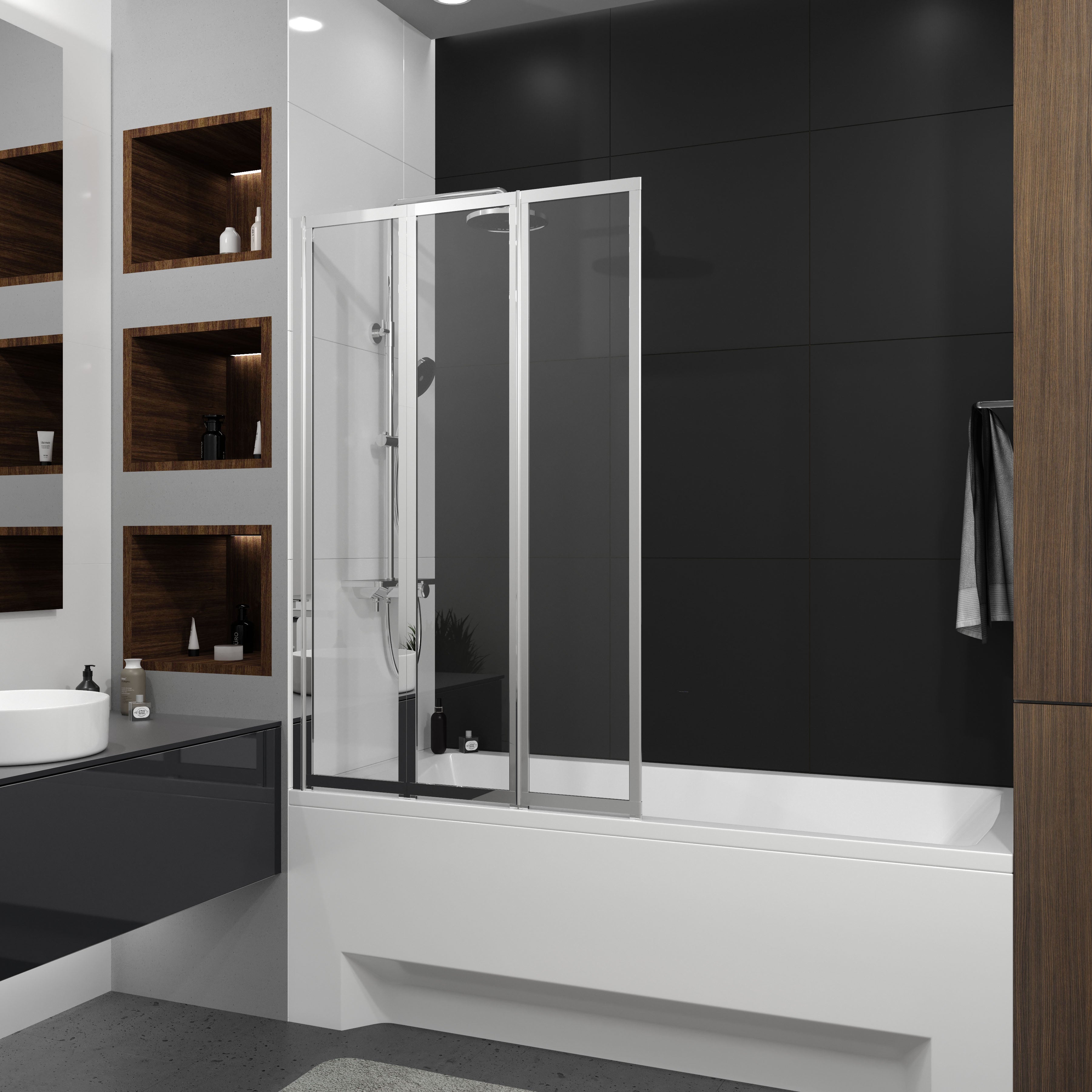 Шторка на ванну трьохелементна Style 1000х1500мм (left) chrome, скло 4мм clear