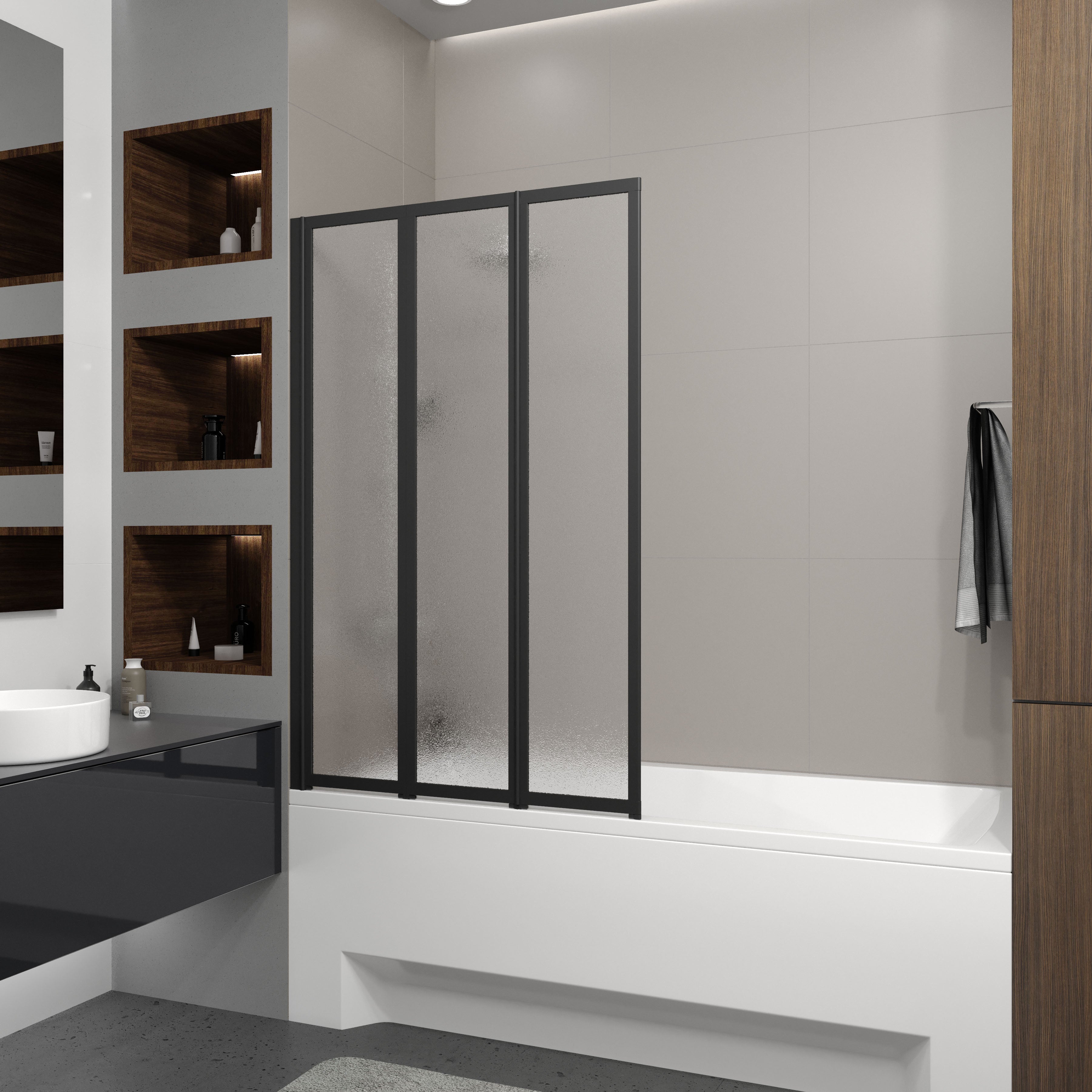 Style Mampara de bañera de tres elementos 1000×1500 mm (izquierda), negro mate, cristal grape de 4 mm