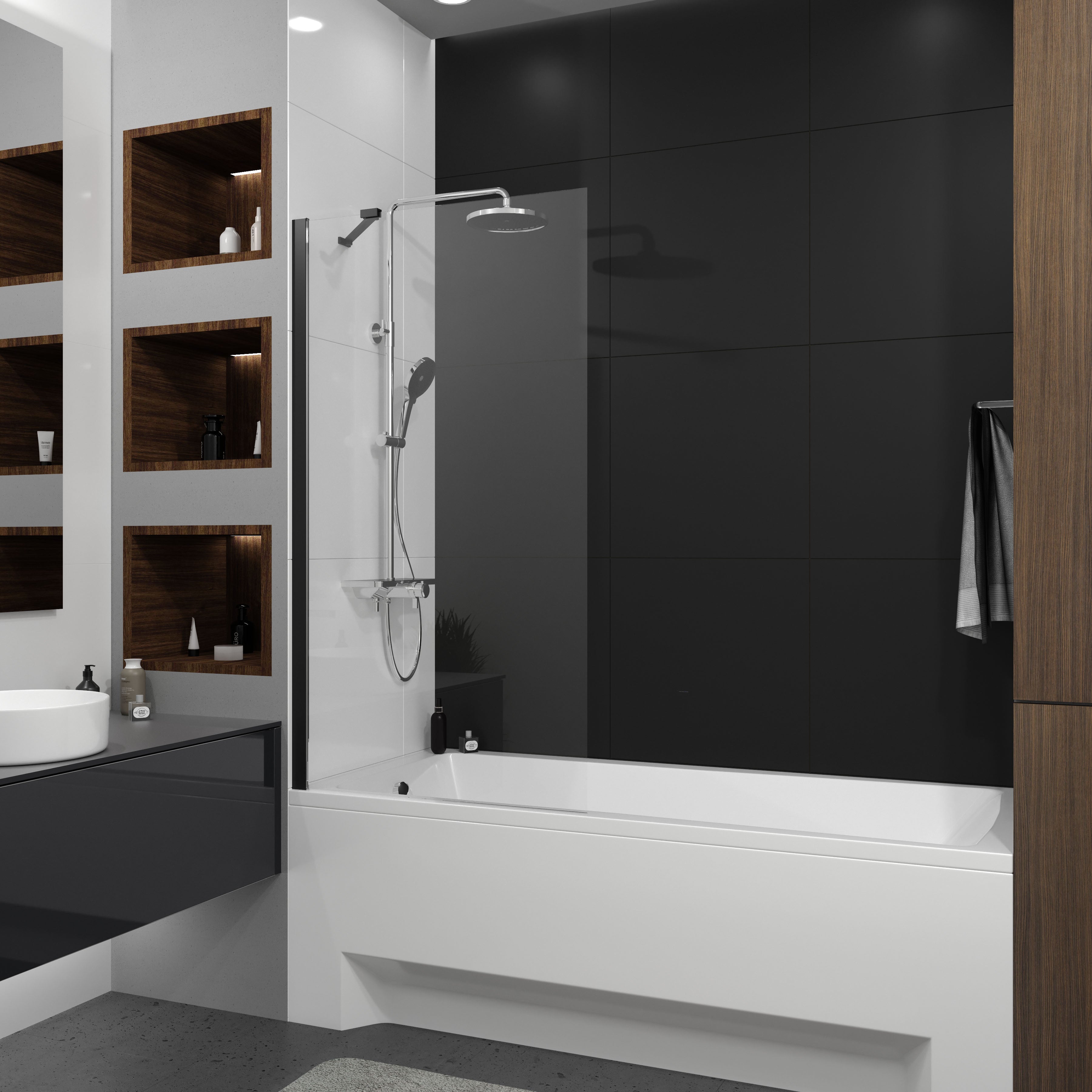 Proxima single-piece bath screen, 800x1500mm, black matt, 8mm clear glass