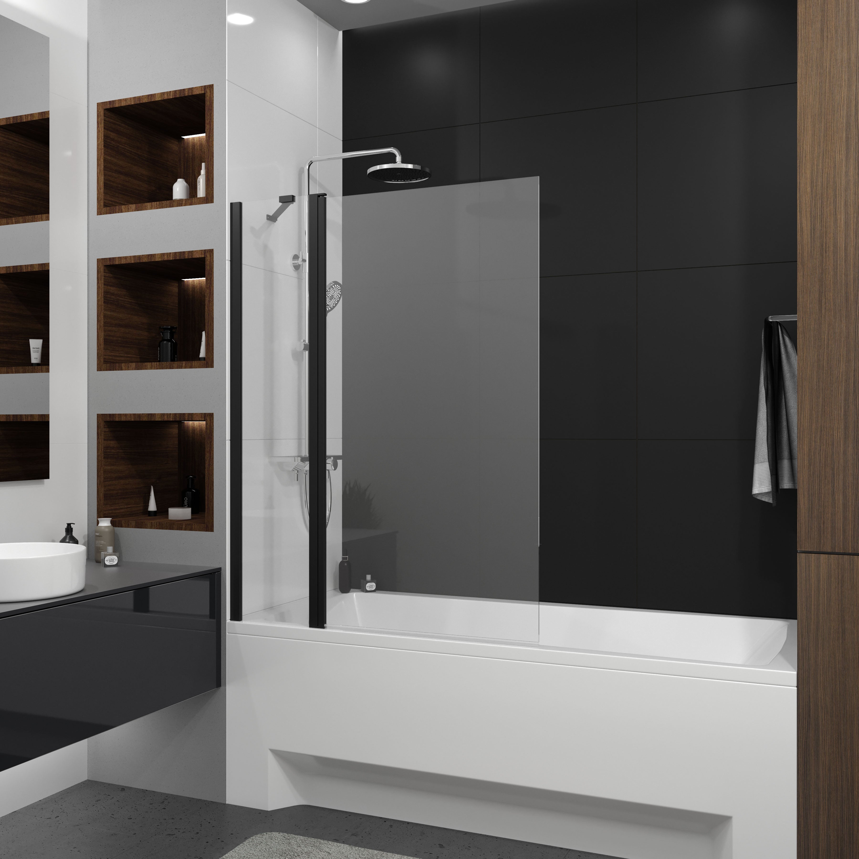 Vanová zástěna dvoudílná Dakota 1100×1400 mm, černá matná, sklo 6 mm clear