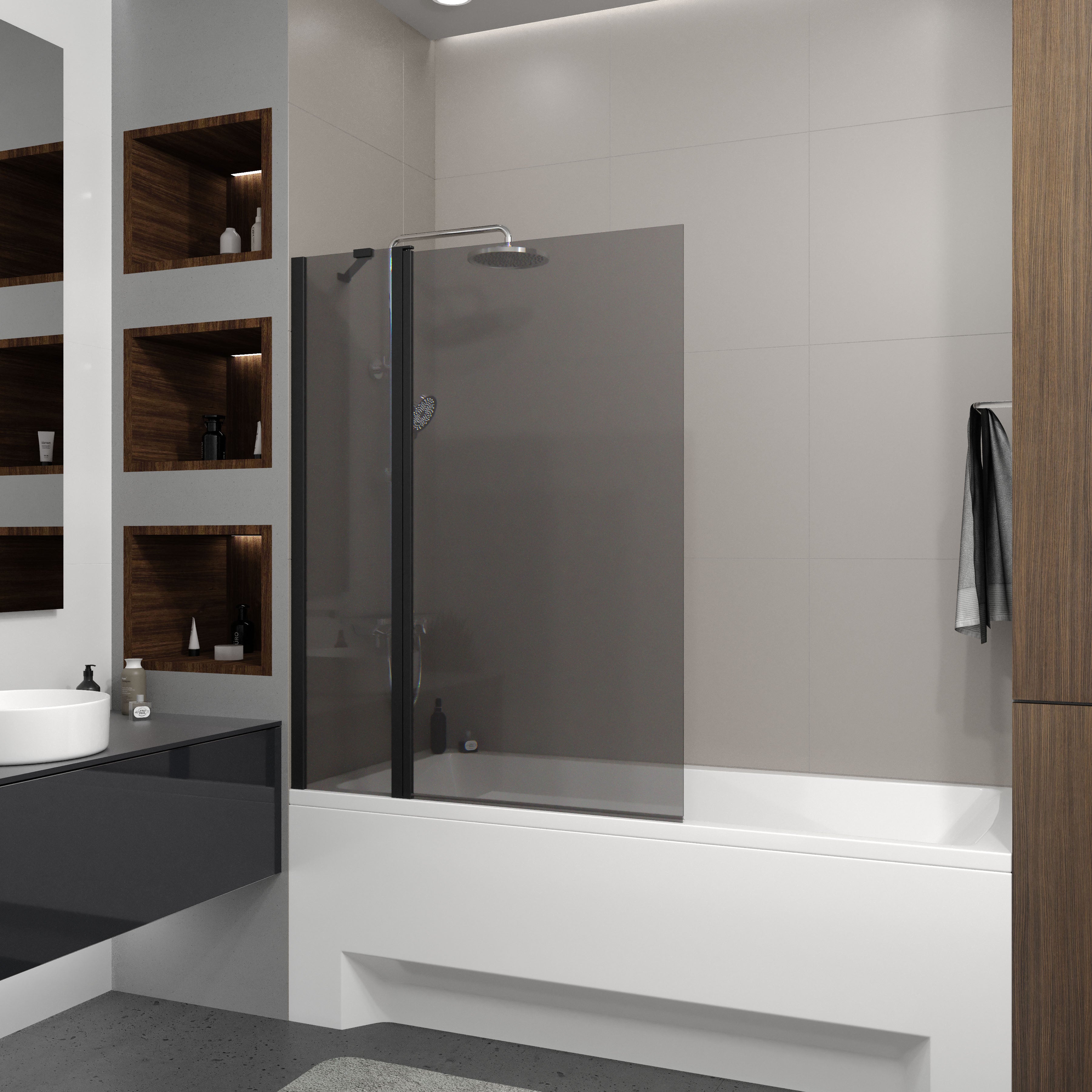 Dakota Badewannenabtrennung, zweiteilig, 1100×1400 mm, Schwarz Matt, Glas 6 mm Europe Grey