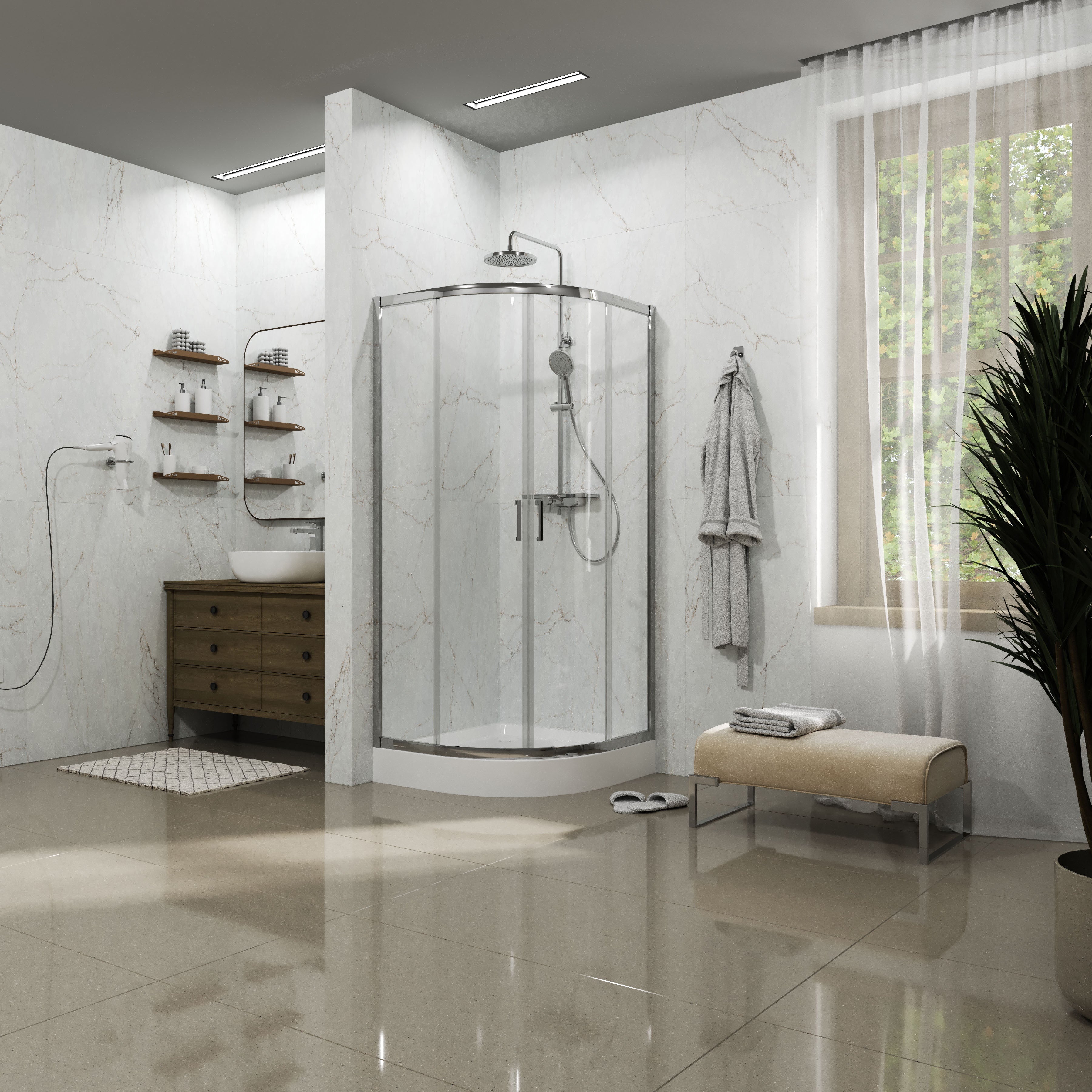 Dakota Schiebeduschkabine, halbrund, 900×900×1850 mm, Chrom, Glas 5 mm Clear