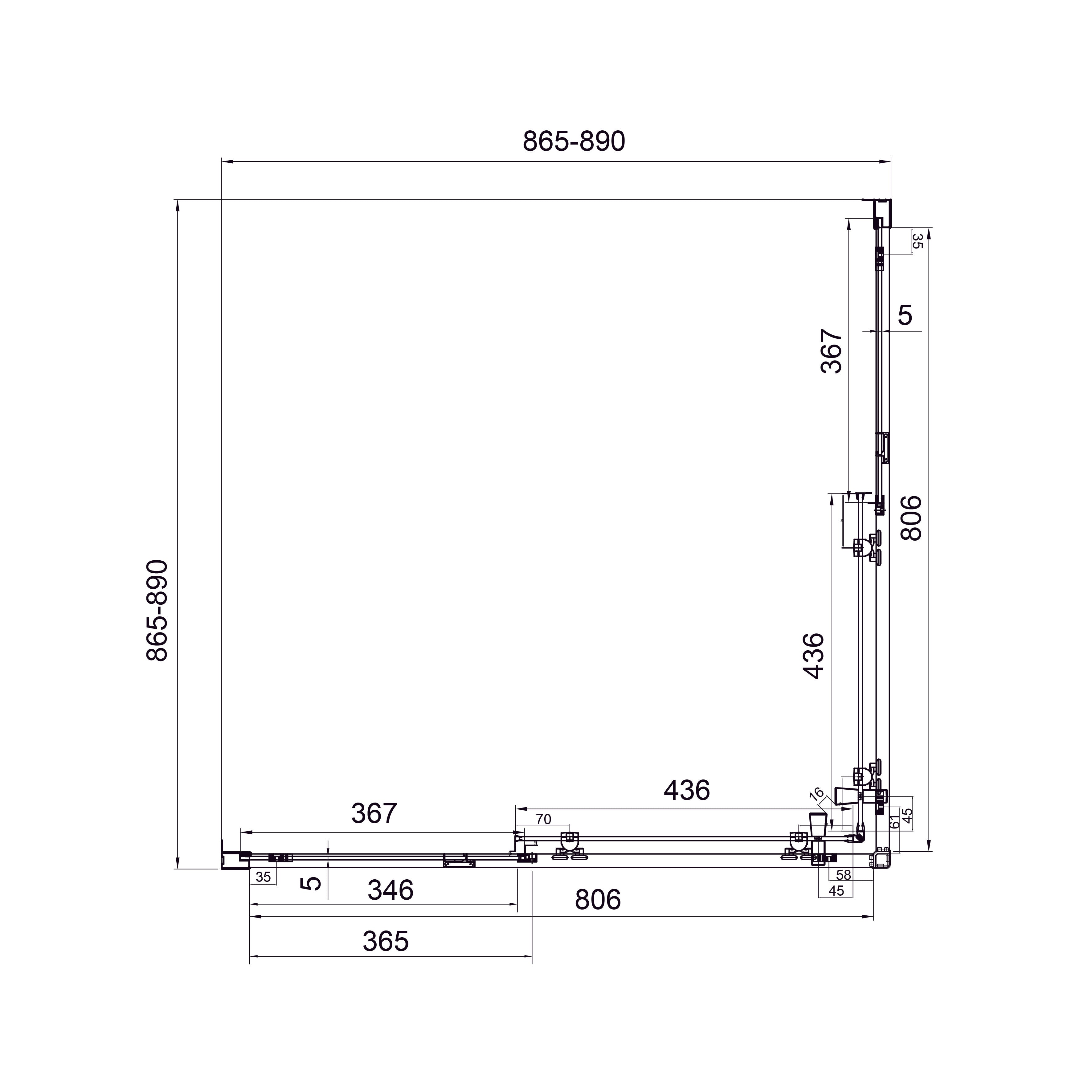Dakota sliding shower enclosure, square, 900x900x1850mm, black matt, 5mm clear glass
