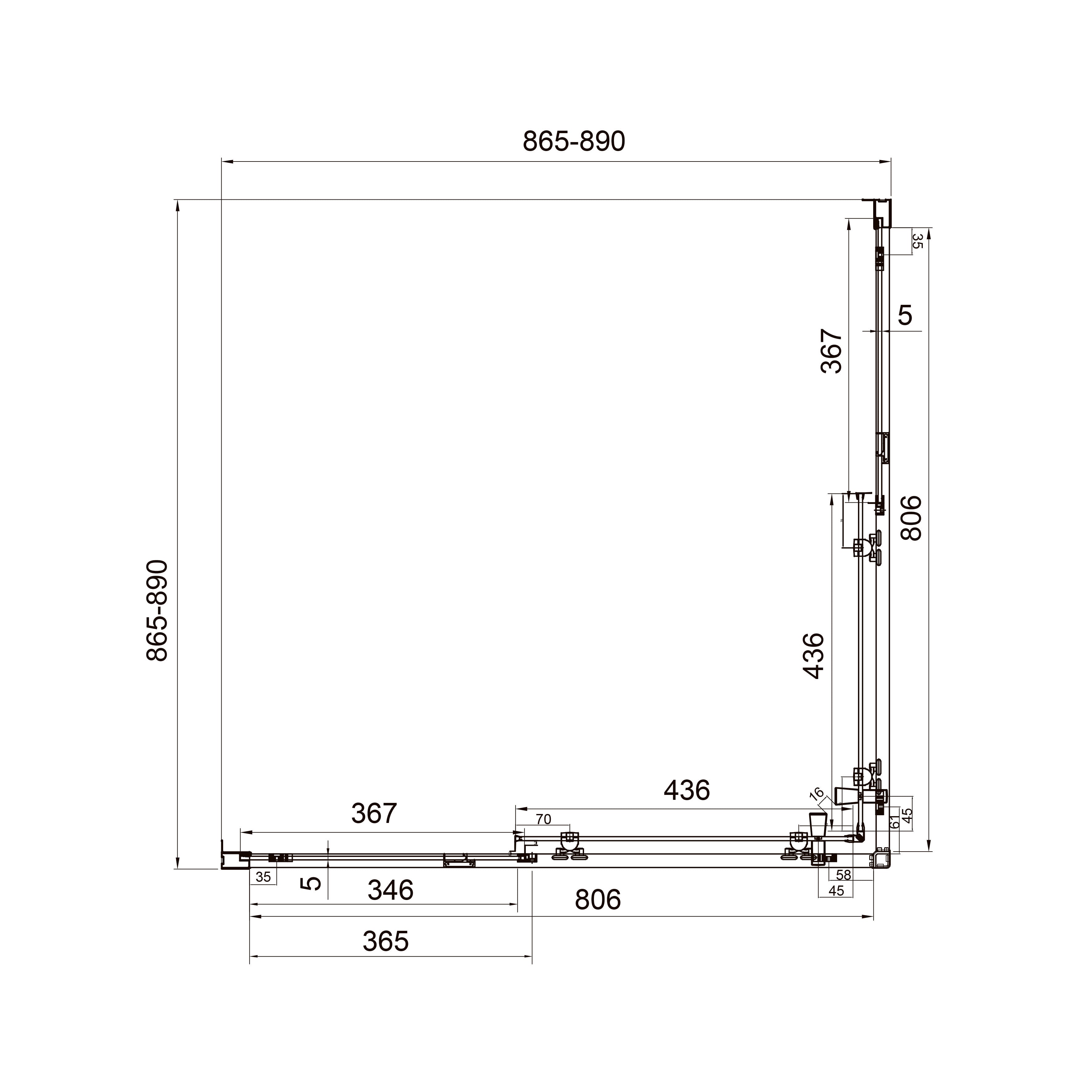 Dakota Schiebeduschkabine, quadratisch, 900×900×1850 mm, Mattschwarz, Glas 5 mm Clear