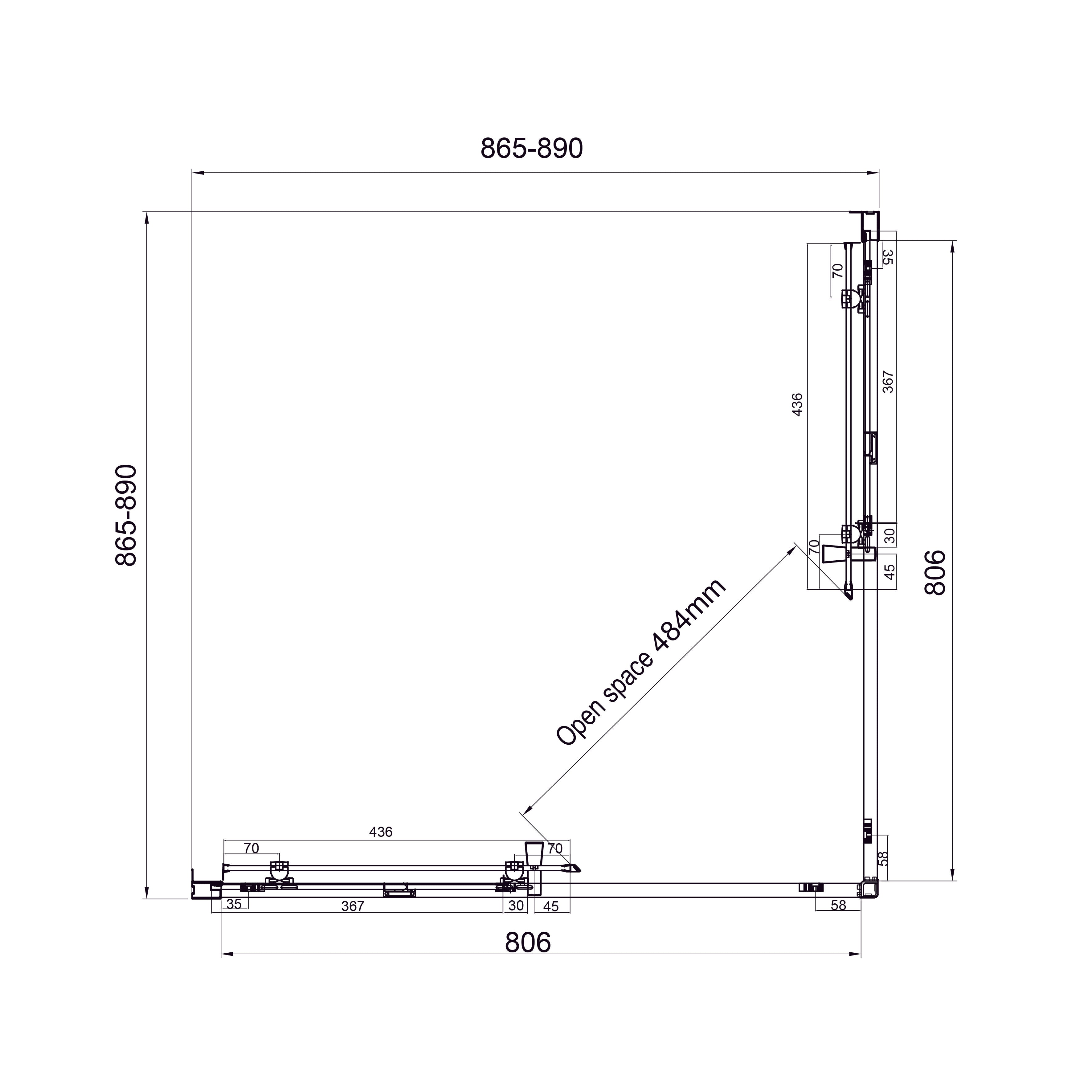 Dakota sliding shower enclosure, square, 900x900x1850mm, black matt, 5mm clear glass