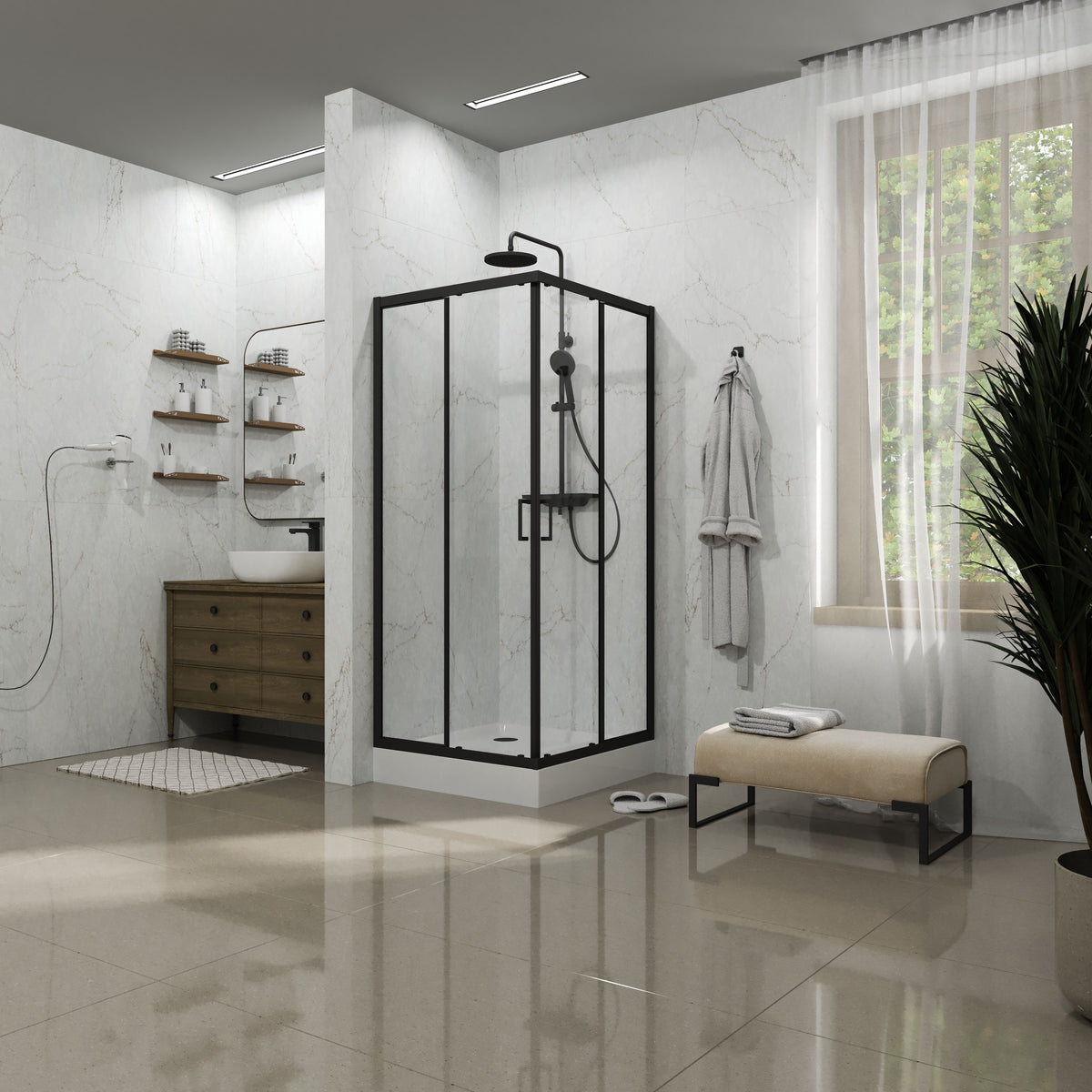 Dakota sprchový kout posuvný, čtvercový 900x900x1850mm, matně černý, sklo 5mm clear