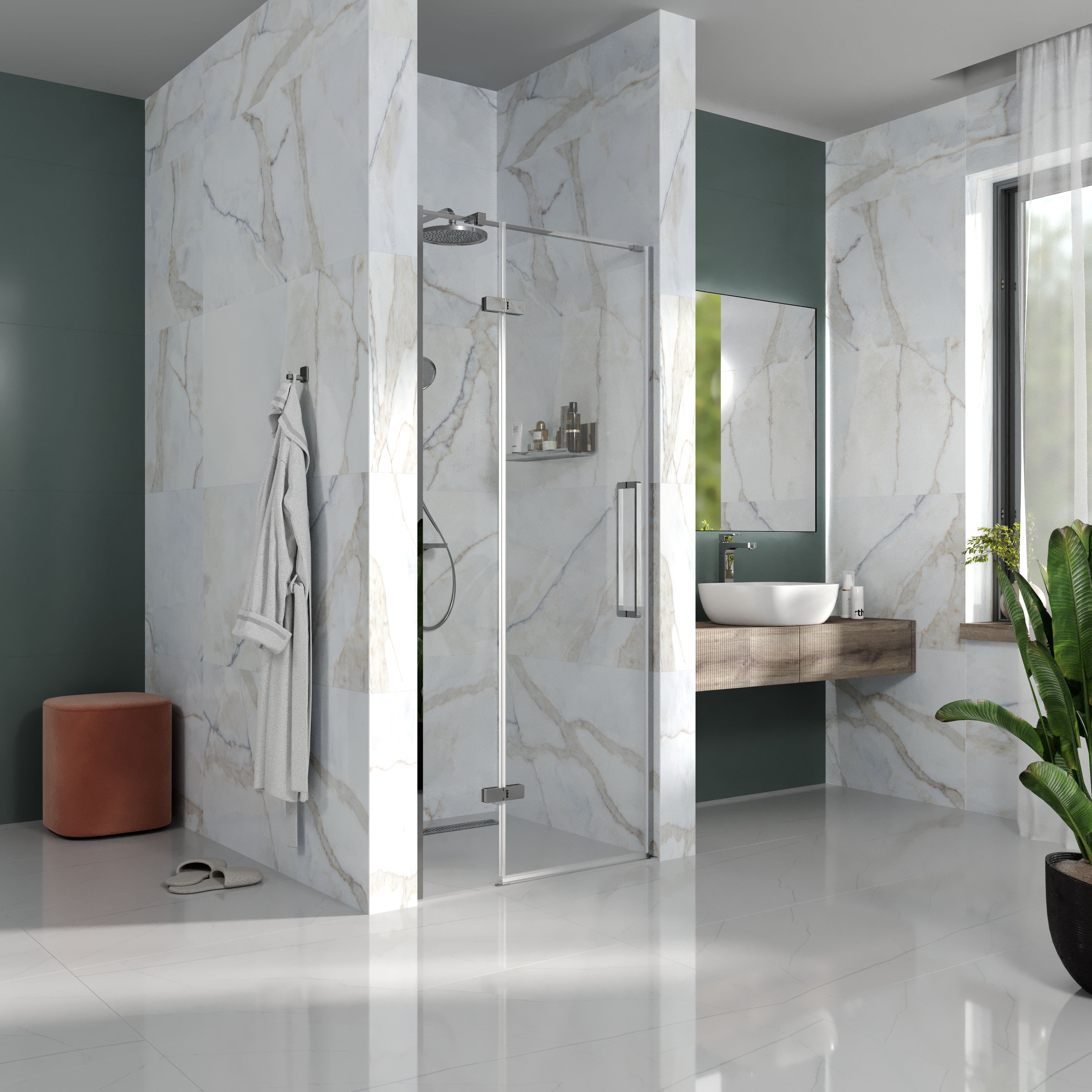 Sprchové dveře otevírací, dvoudílné, bezprofilové Cube 1000x1950mm, chrom, sklo 6mm clear