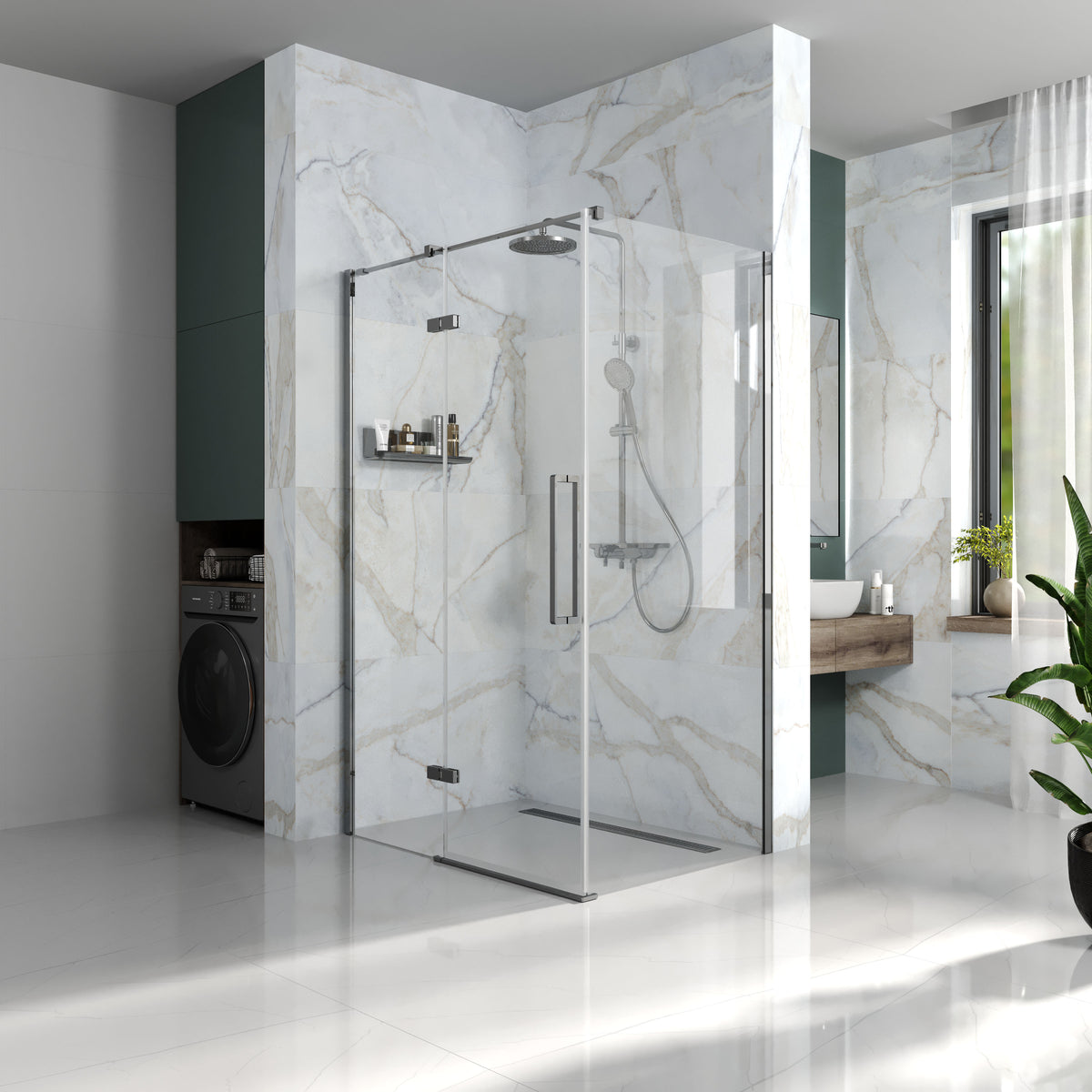Cube Puerta de ducha abatible de dos elementos sin perfil 900×1950 mm, cromo, cristal clear de 6 mm