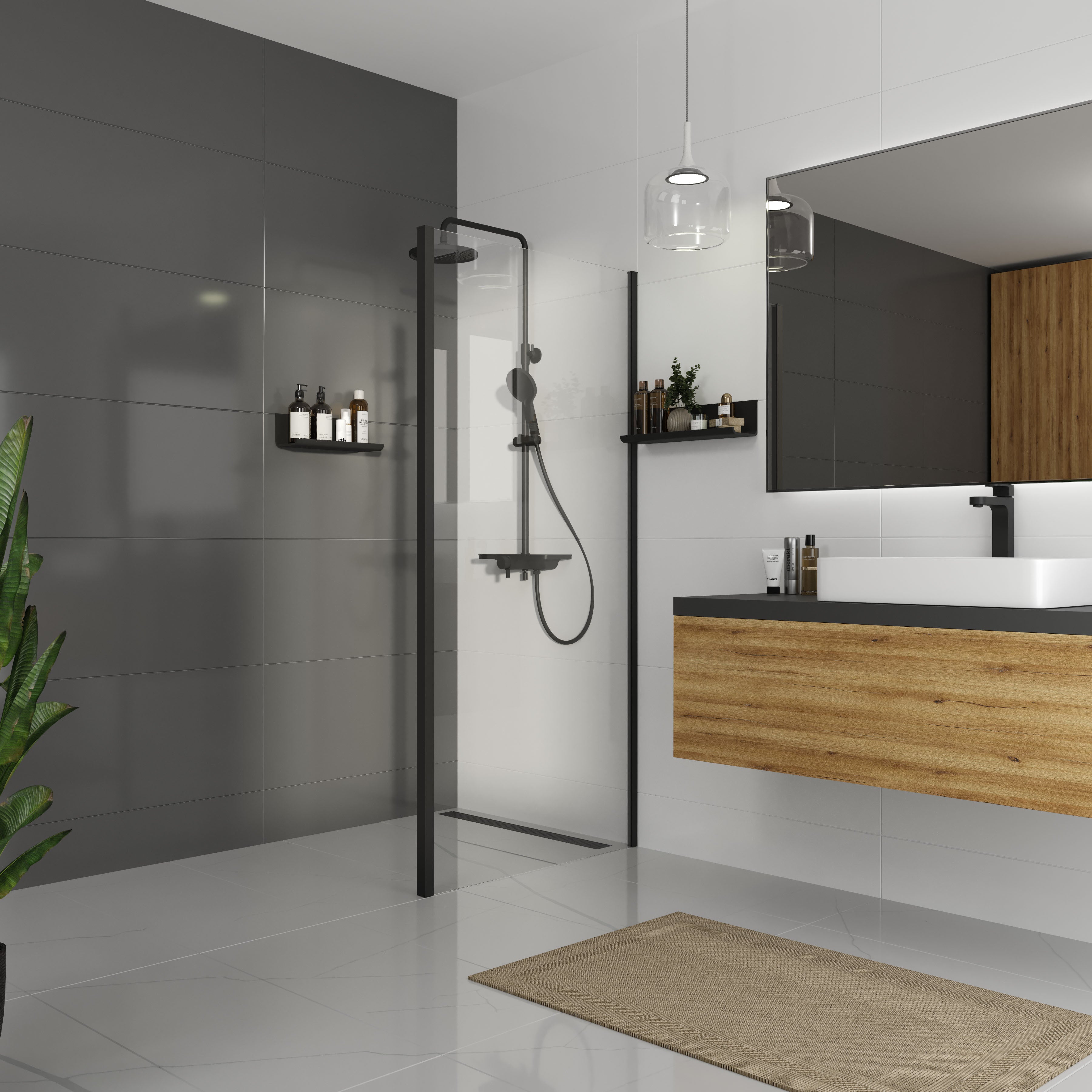 Cube Fixed side panel, frameless, 900x1950mm, black matt, 6mm clear glass