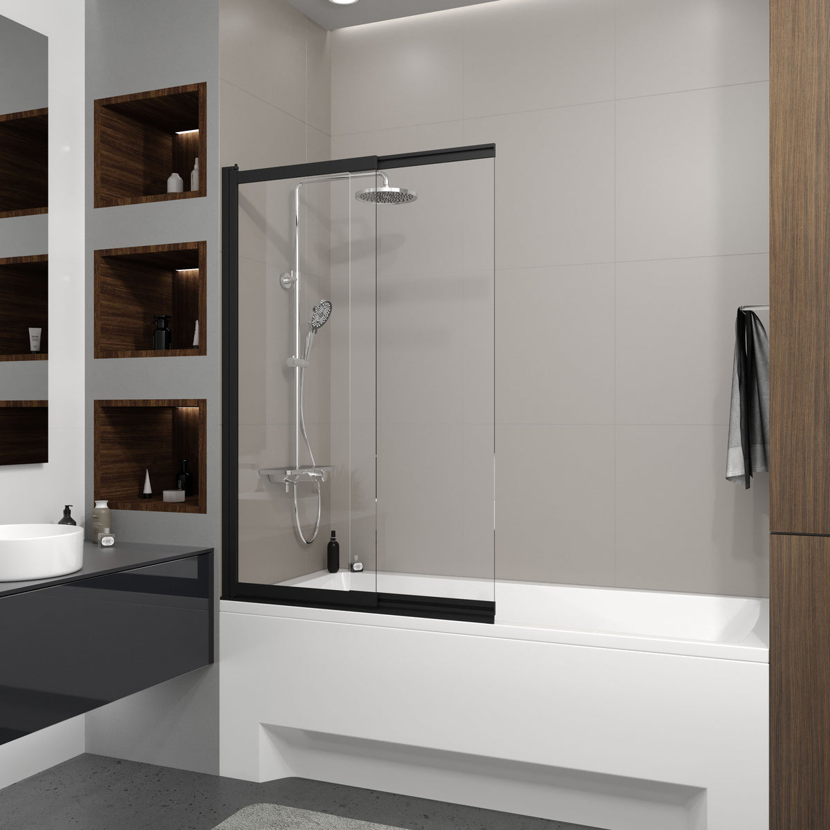 Style Mampara de bañera de dos elementos 1000×1500 mm, negro mate, cristal clear de 6 mm