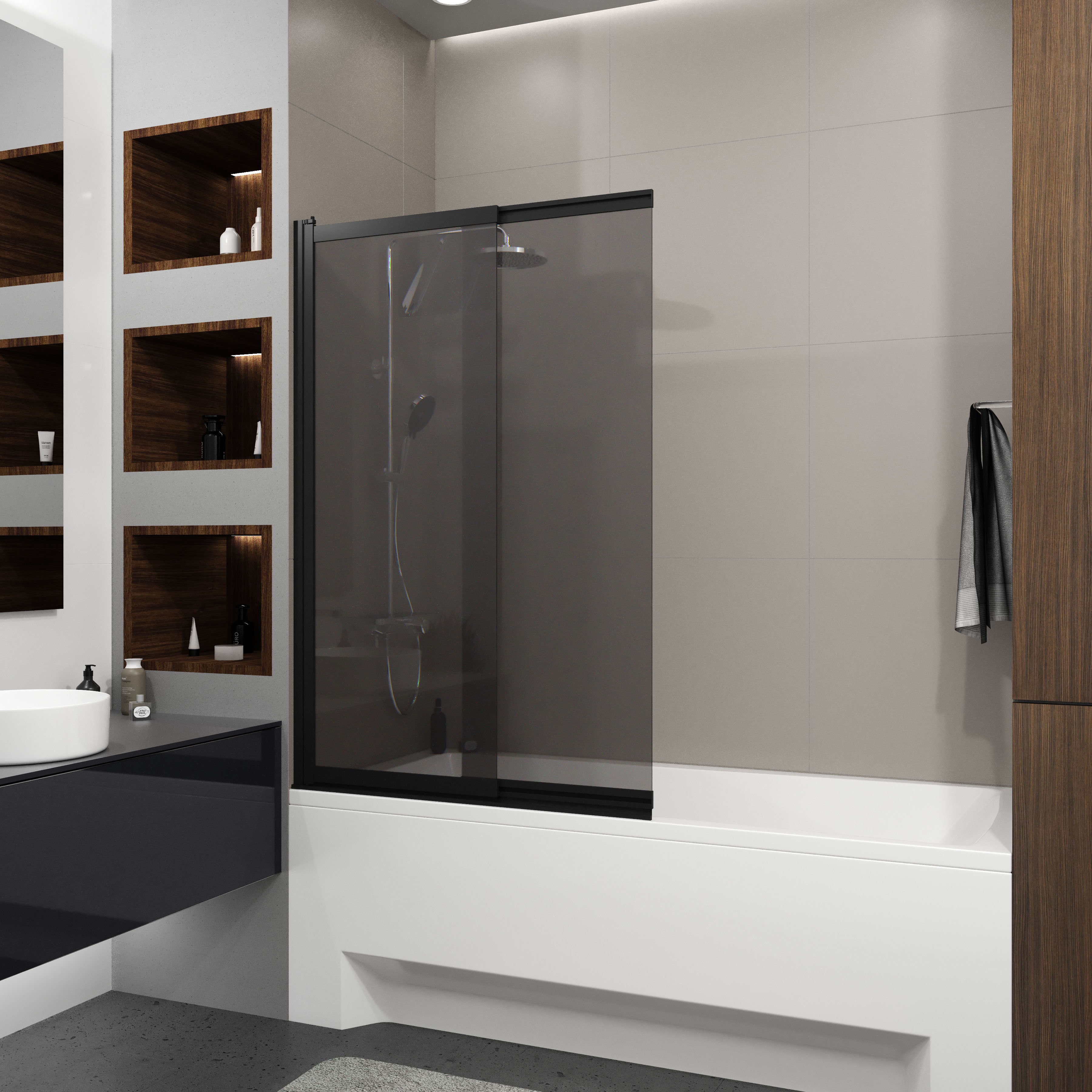 Шторка на ванну двоелементна Style 1000х1500мм black matt, скло 6мм europe grey