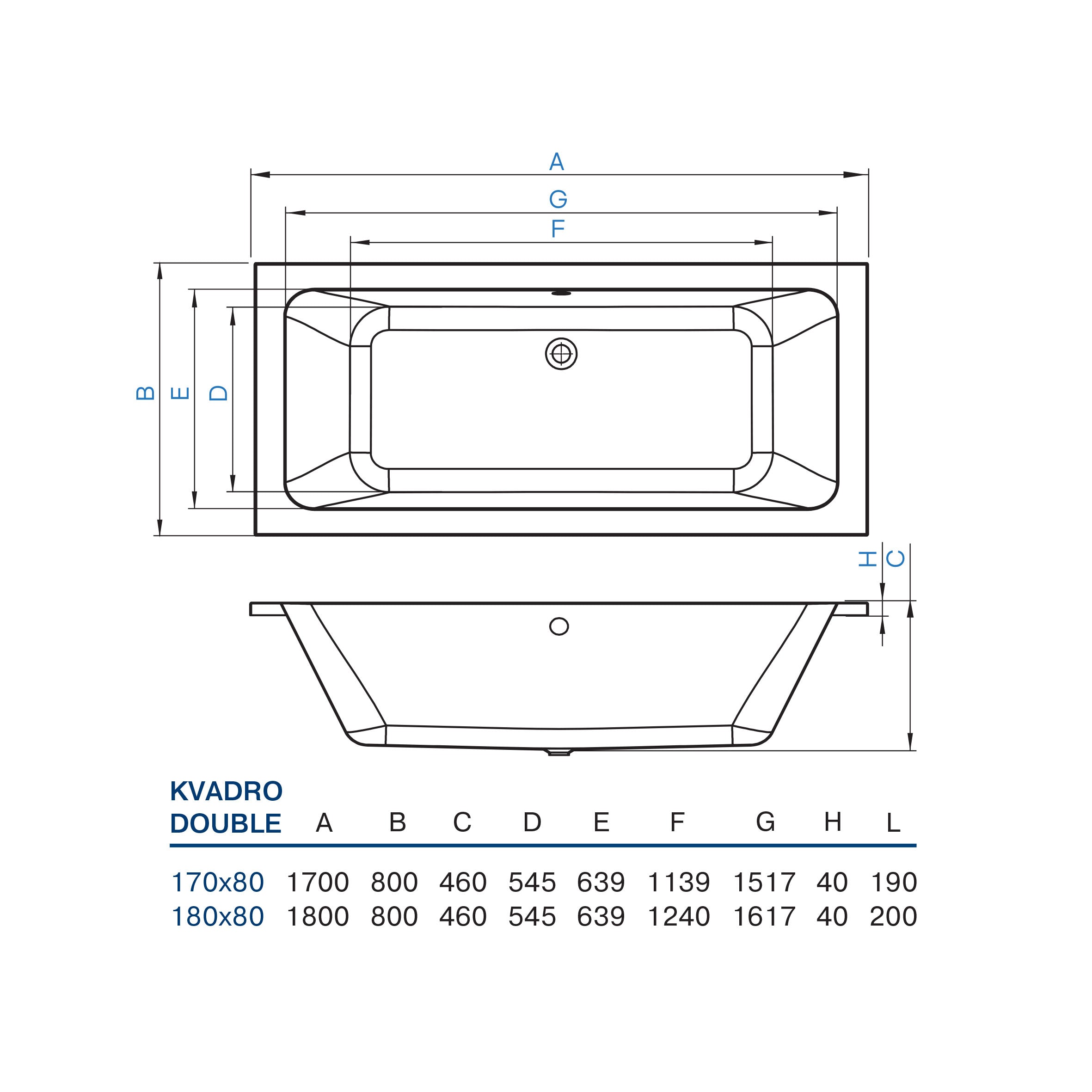 Bathtub Kvadro Double 170x80