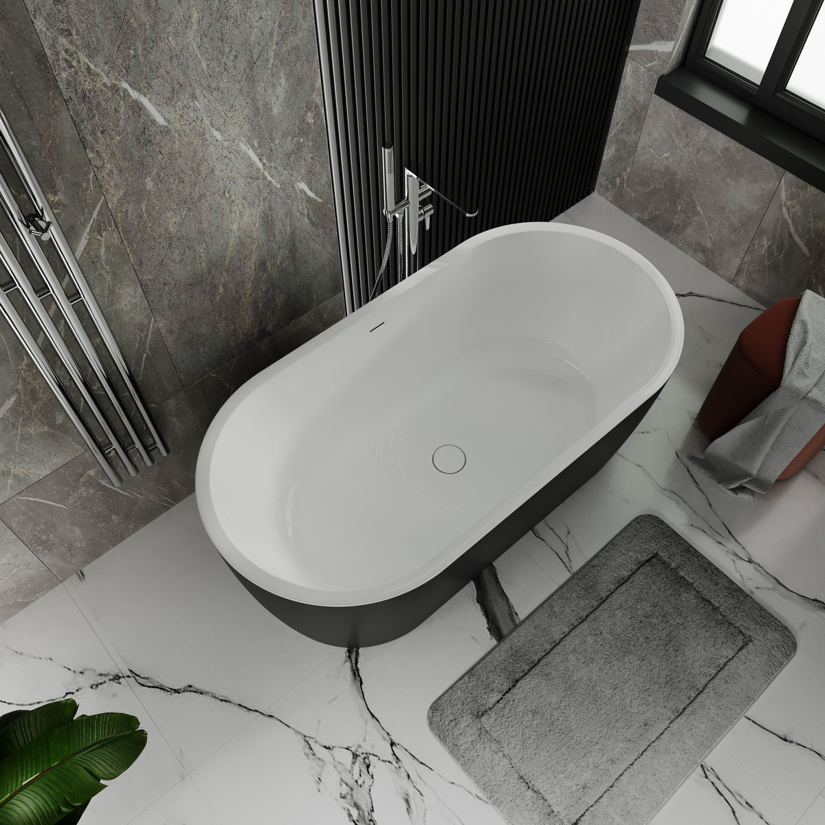 Freestanding seamless acrylic bathtub PureLine 1600x800 White / Matt Black with siphon