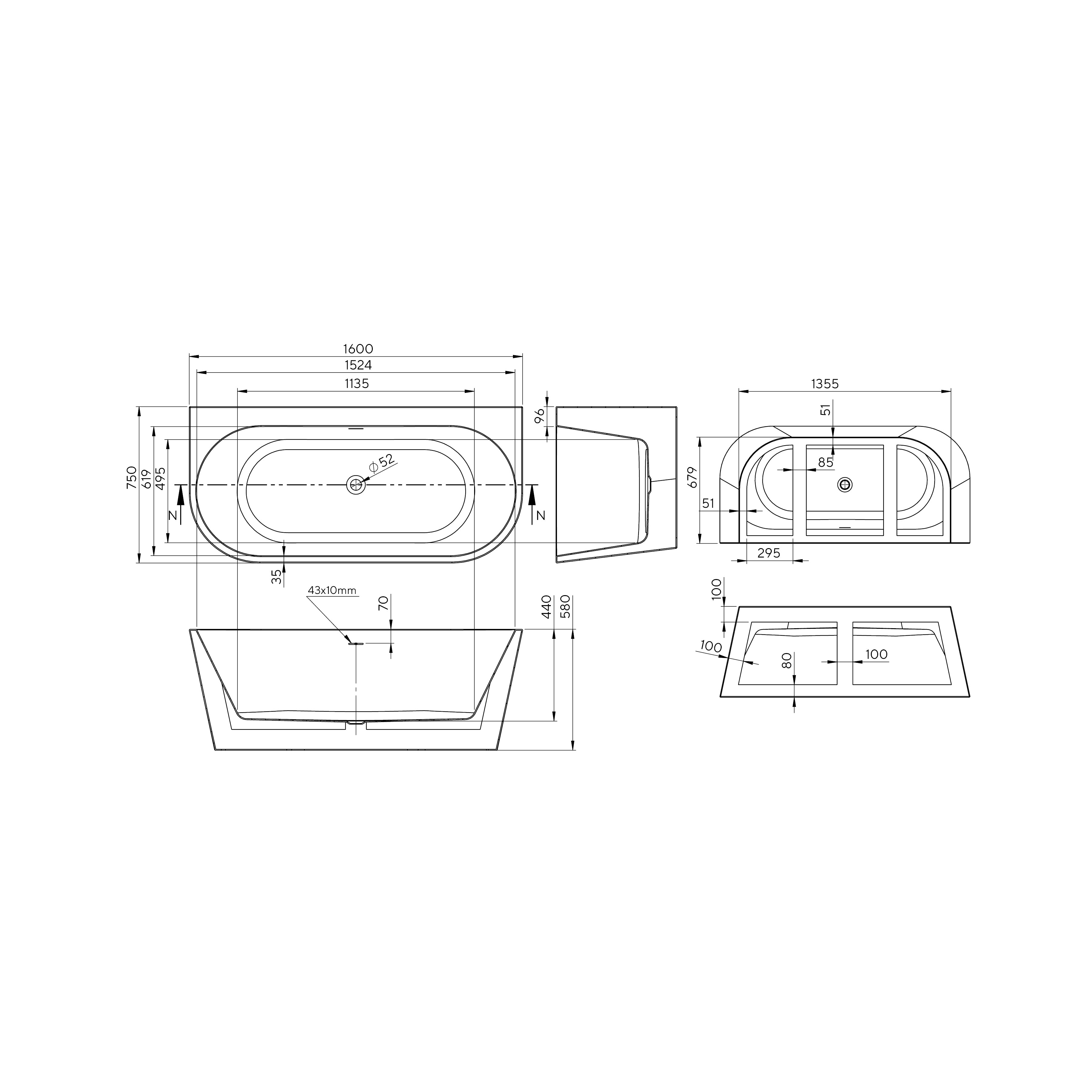 Freestanding seamless wall-adjacent acrylic bathtub Euforia 1600x750 White with siphon