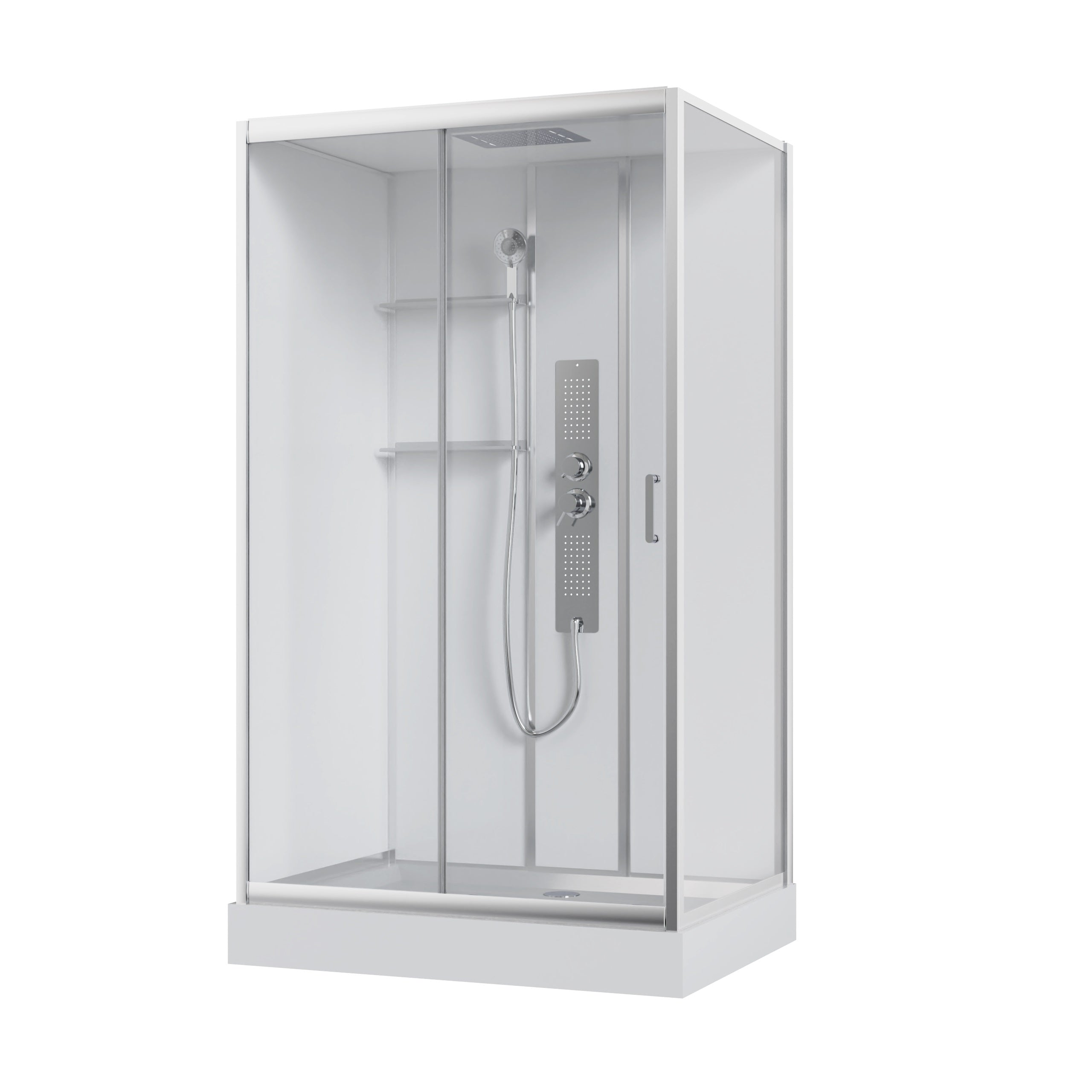 Duschkabine Optima, rechteckig, verschiebbar, 1200 x 900 x 2150 mm, mit Duschwanne und Duschpaneel, Chrom, Glas Clear