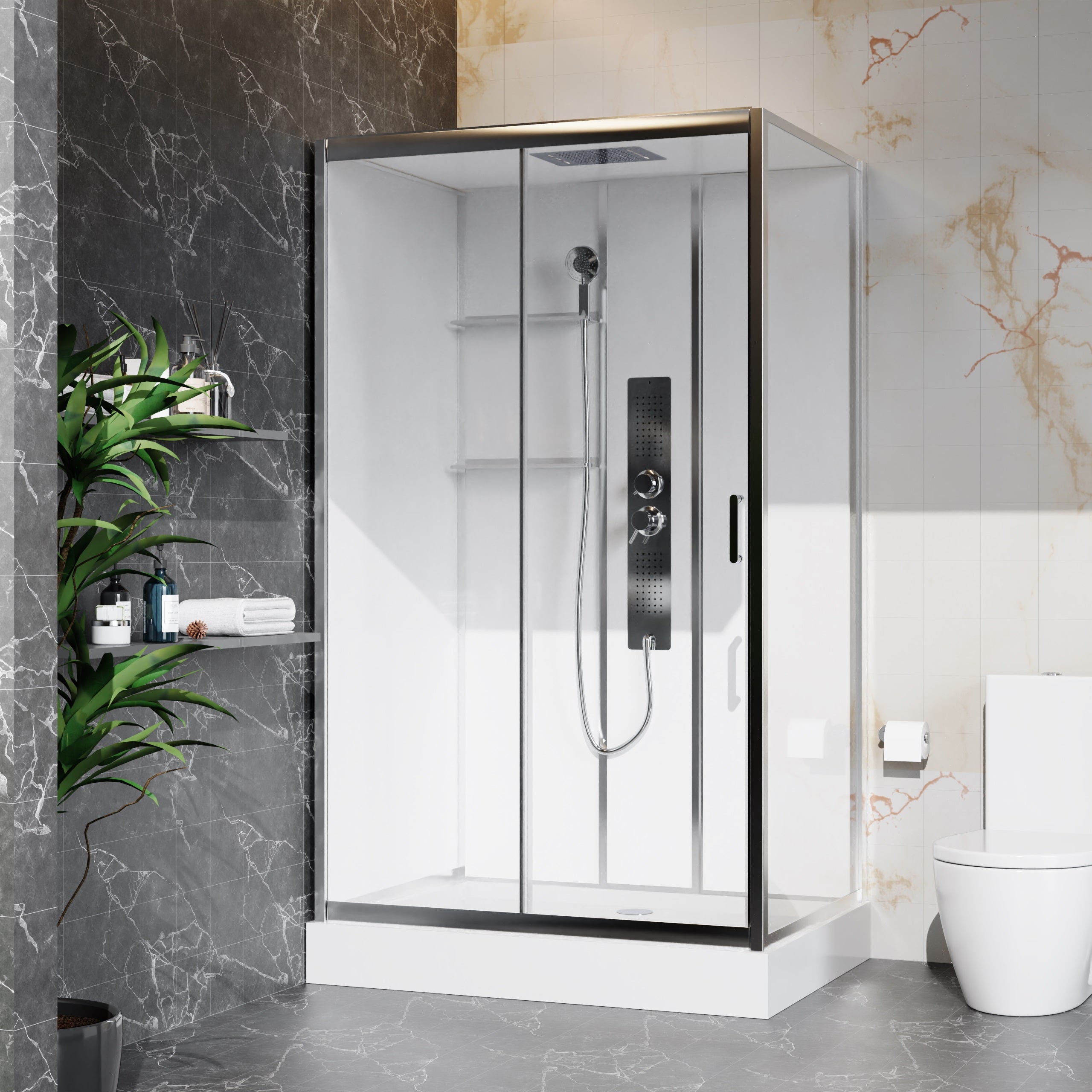 Душовий бокс Optima прямокутний, розсувний,1200x900x2150 мм, з піддоном та душовою панеллю, chrome, cкло clear