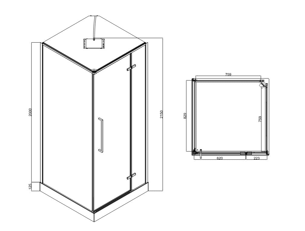 Optima square shower enclosure, 900x900x2150 mm, with tray and shower panel, black, clear glass
