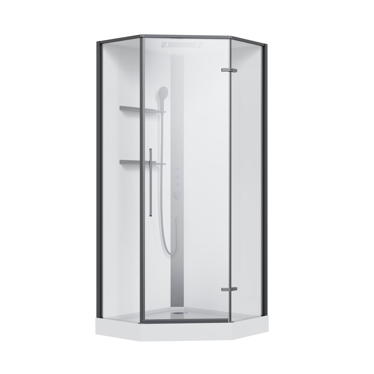Optima cabina de ducha pentagonal abatible 900×900×2150 mm, con plato de ducha y panel de ducha, negro, cristal clear